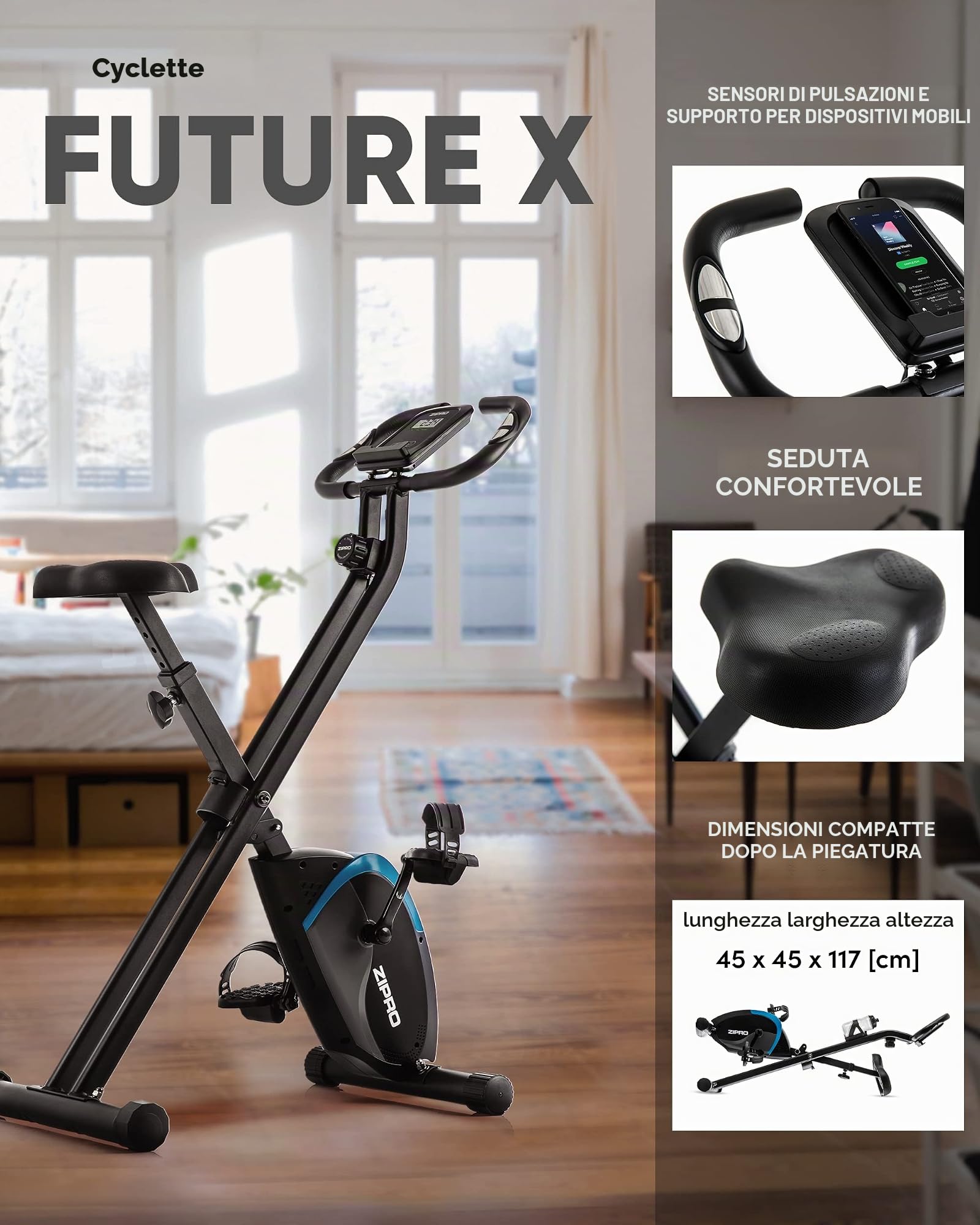 ZIPRO Cyclette da Casa Pieghevole con Magnetica Regolabile 8 Livelli, Sensori delle Pulsazioni, Display LCD e Sellino Comodo, Ciclette Silenziosa per Allenamento Cardio, Cyclette da Camera (Future X)