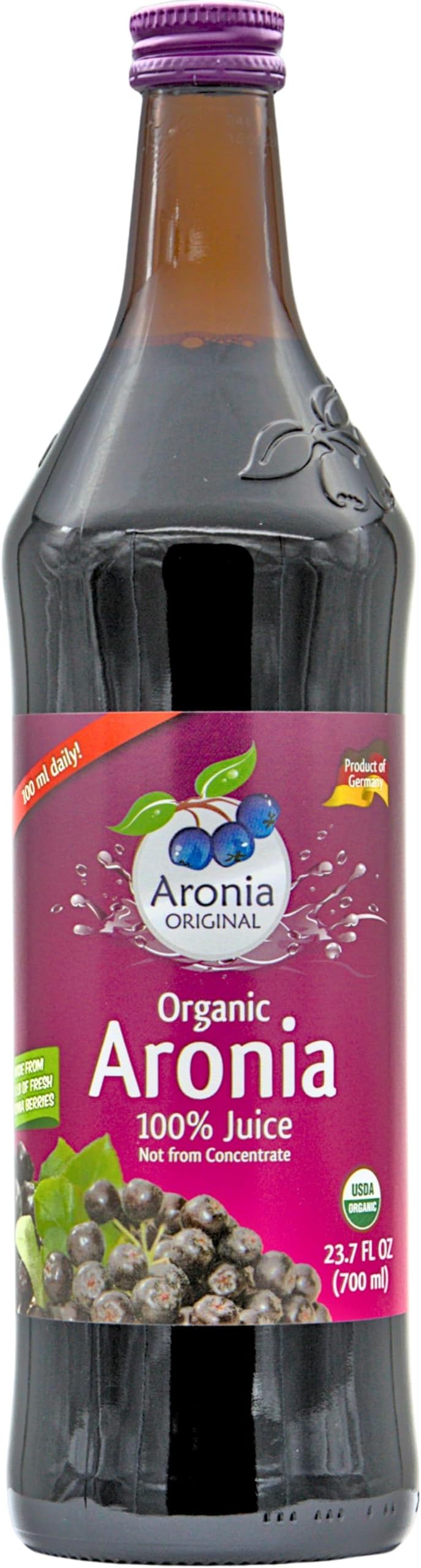 Aronia Original Organic Aronia Berry Juice 23.7 Fl Oz – Pure Chokeberry, Unsweetened, Not from Concentrate – No Sugar Added, Single Ingredient, Vegan, Non-GMO, Amber Glass Bottle