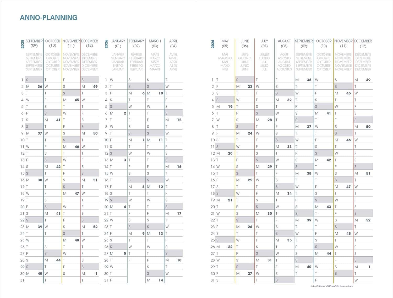 Agenda Quo Vadis 16 Mois 2025-2026 Billy Rose - Semainier Multilingue Avec Notes 15x21 Cm