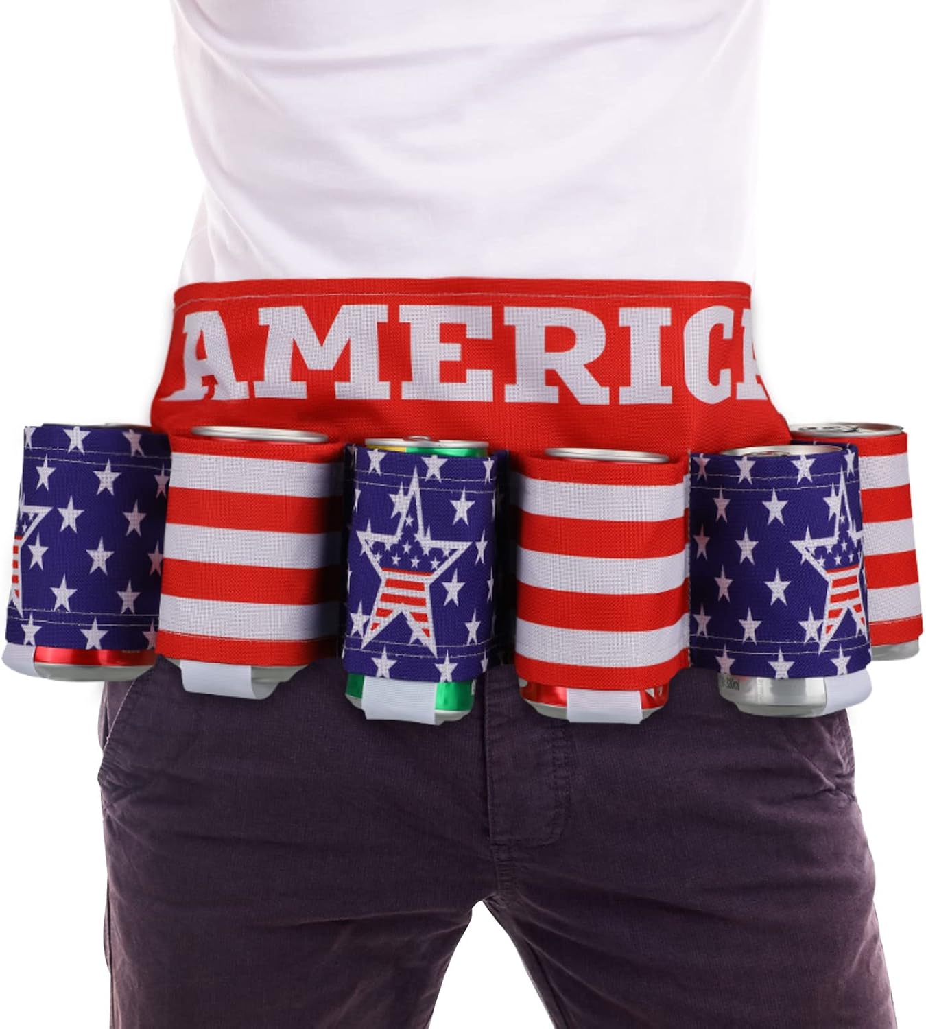 Weewooday 6 Pack Patriotic 4th of July Beer Belt USA Americana Adjustable Independence Day Beer Beverage Belt Holder for 250 Year Anniversary Men Novelty Picnic Party