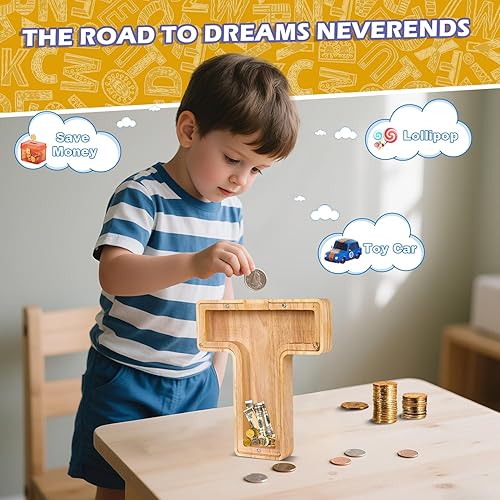 Miniatura 35 de Alcancía de madera con letras de madera, alcancía para niños y niñas, grande, 26 letras del alfabeto, banco de dinero personalizado con nombre