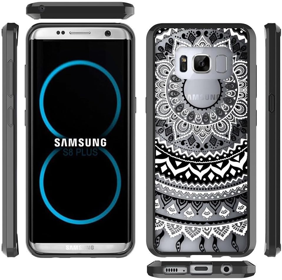 S8 + Case,Samsung Galaxy S8 Plus Case - Retro Totem Mandala Floral Pattern Clear [Acrylic] PC Hard Back TPU Silicone Soft Bumper Transparent Case Bubble Free Screen Protector Armor (S8 Plus, Black)