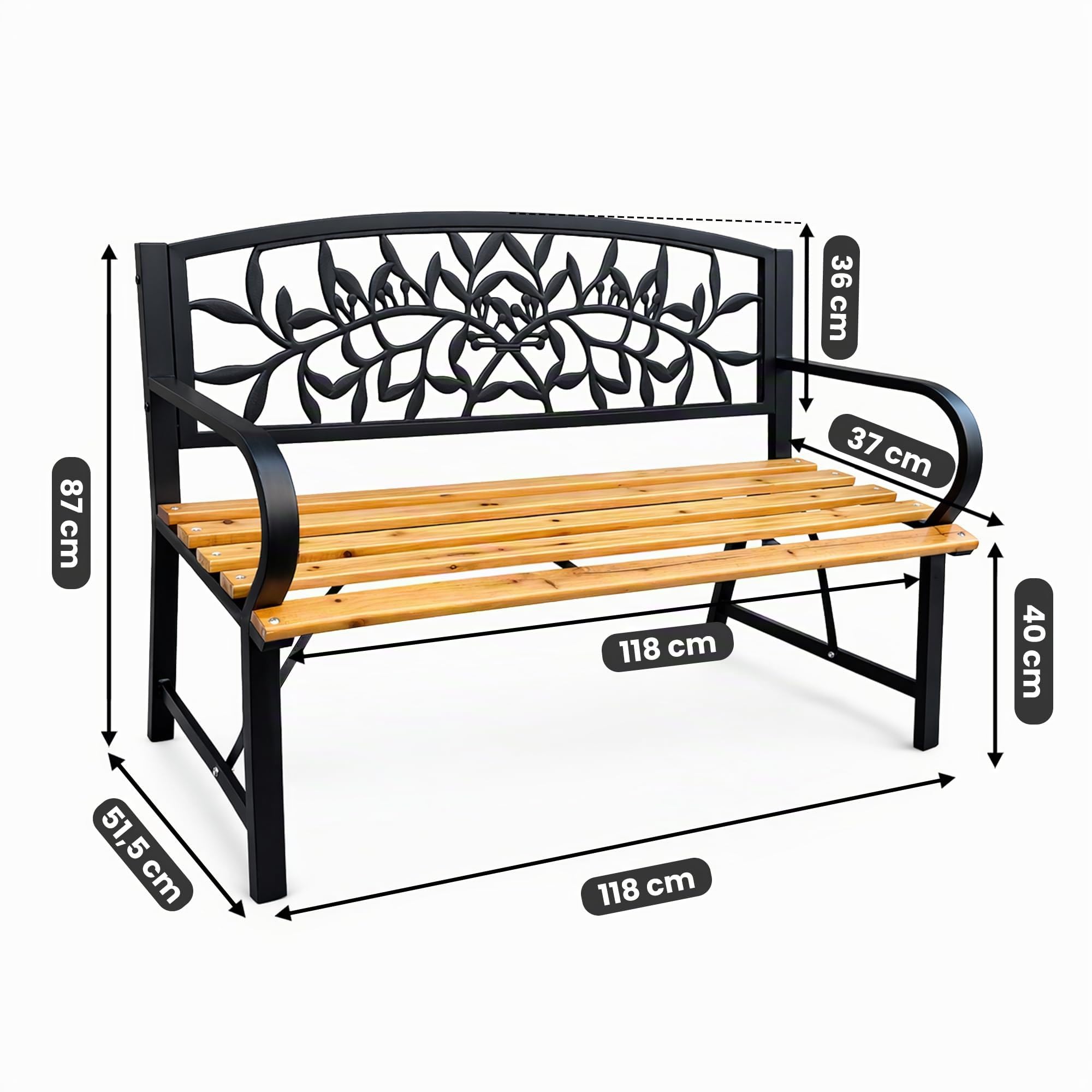 AKORD Panchina da Giardino REO con Gambe in Ghisa e Legno Verniciato | Panca da Esterno | Panchine Esterna con Bracciolo | Panche Moderno Resistente alle Intemperie | Larghezza 118 cm | Nero