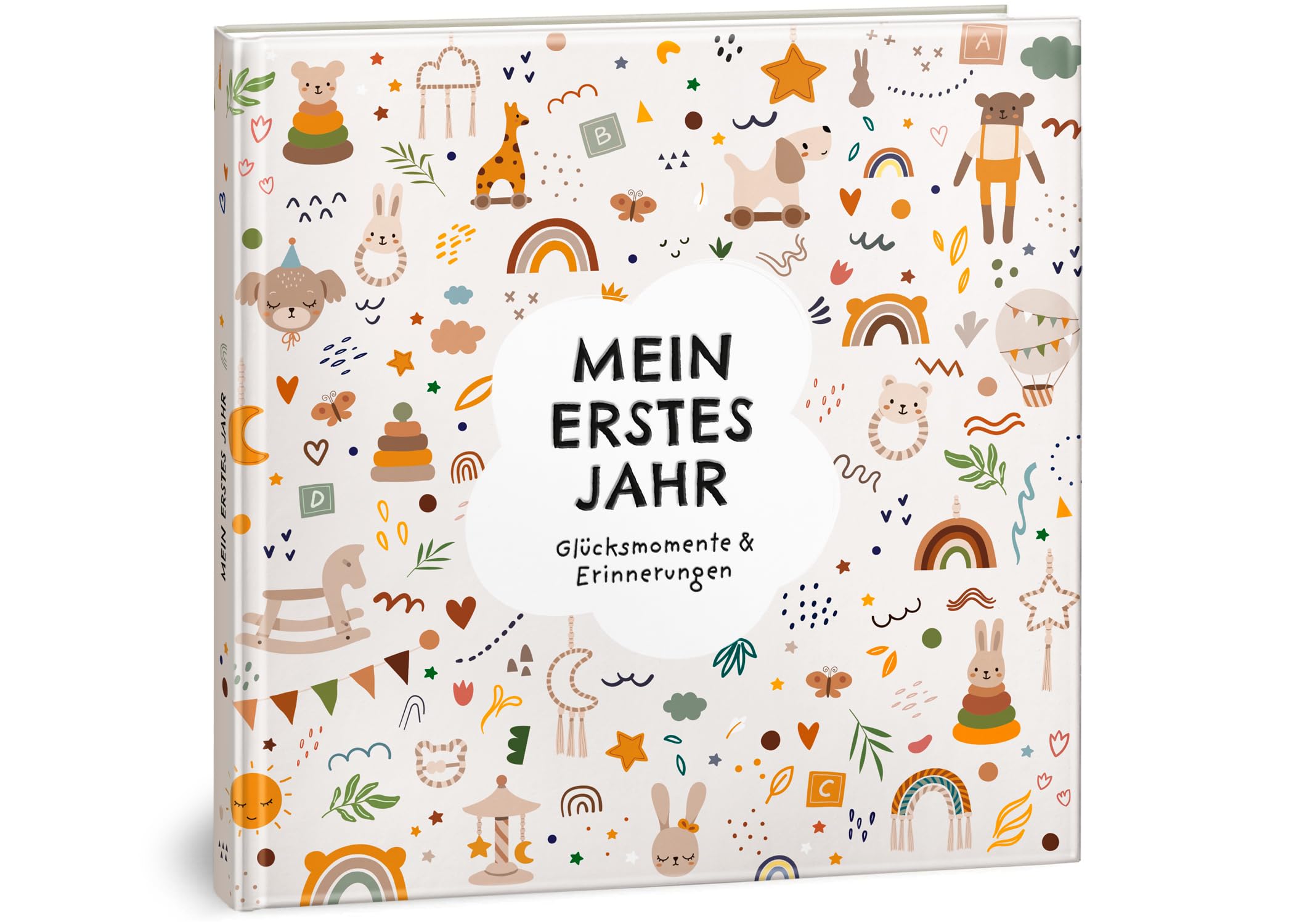 Mein erstes Jahr Babyalbum - Hochwertiges Babytagebuch mit Prägung für die schönsten Erinnerungen - Erinnerungsbuch zum Eintragen für das erste Lebensjahr - Baby Geschenk zur Geburt: Boho Spielzeug