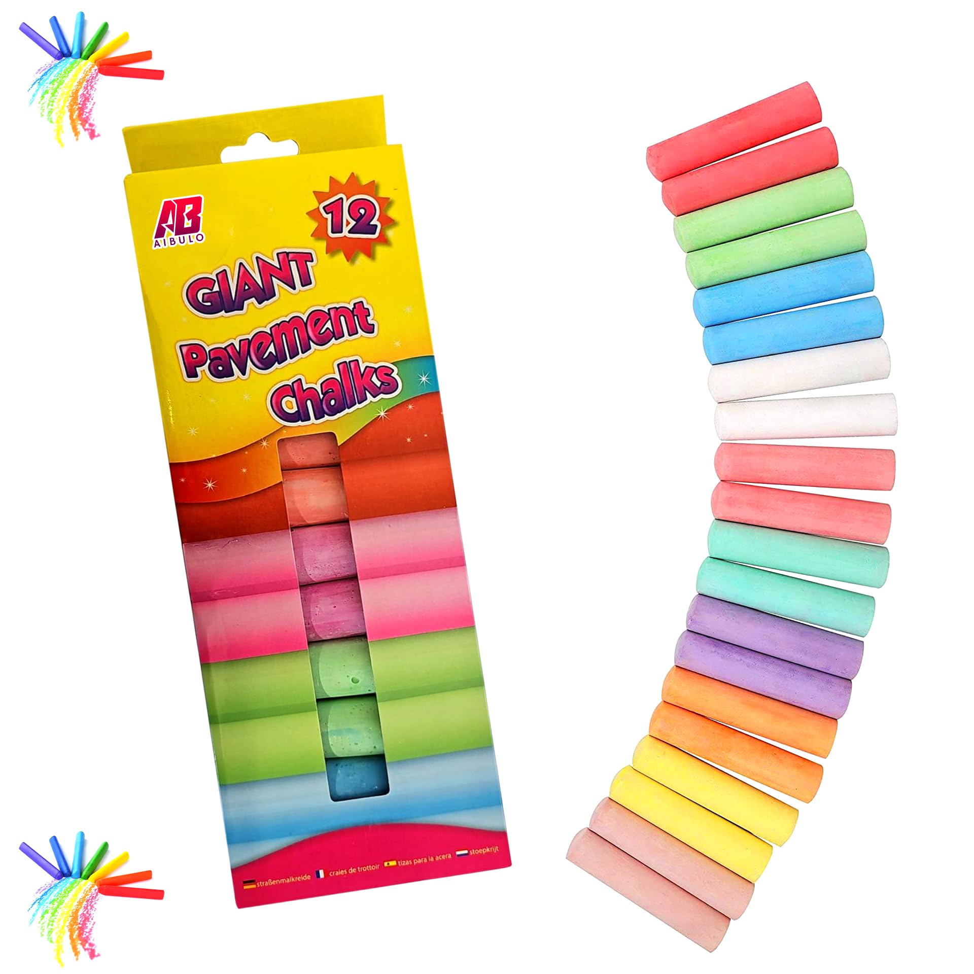 Jumbo Rainbow Chalk - 12 Bright Colours | Chunky Chalks for Children, Washable Pavement & Blackboard Art – Safe Outdoor Fun for Toddlers & Kids