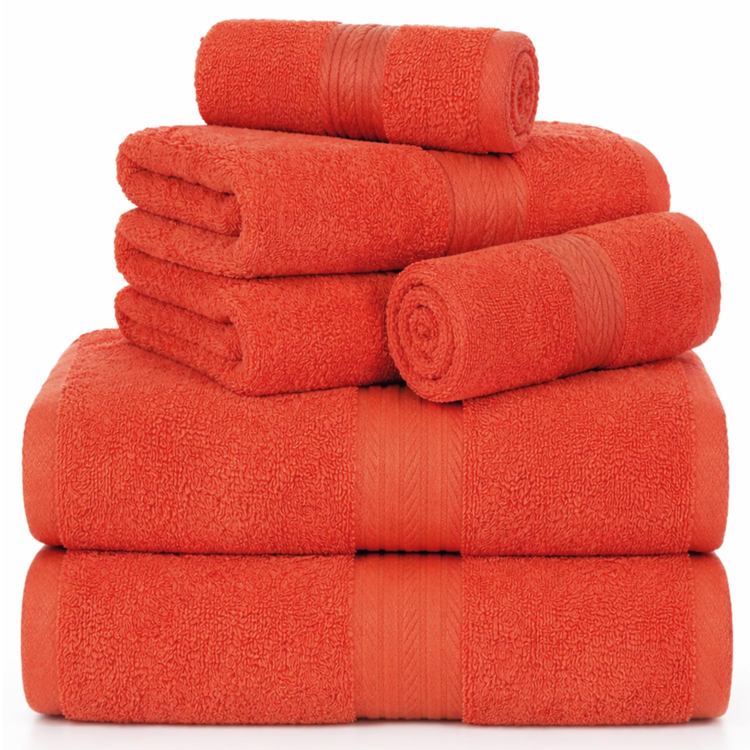 Ample Decor 100% Baumwolle Luxus 6-teiliges Handtuch-Set, 2 Badetücher, 2 Handtücher, 2 Waschlappen für Badezimmer – Orange Handtuch-Sets