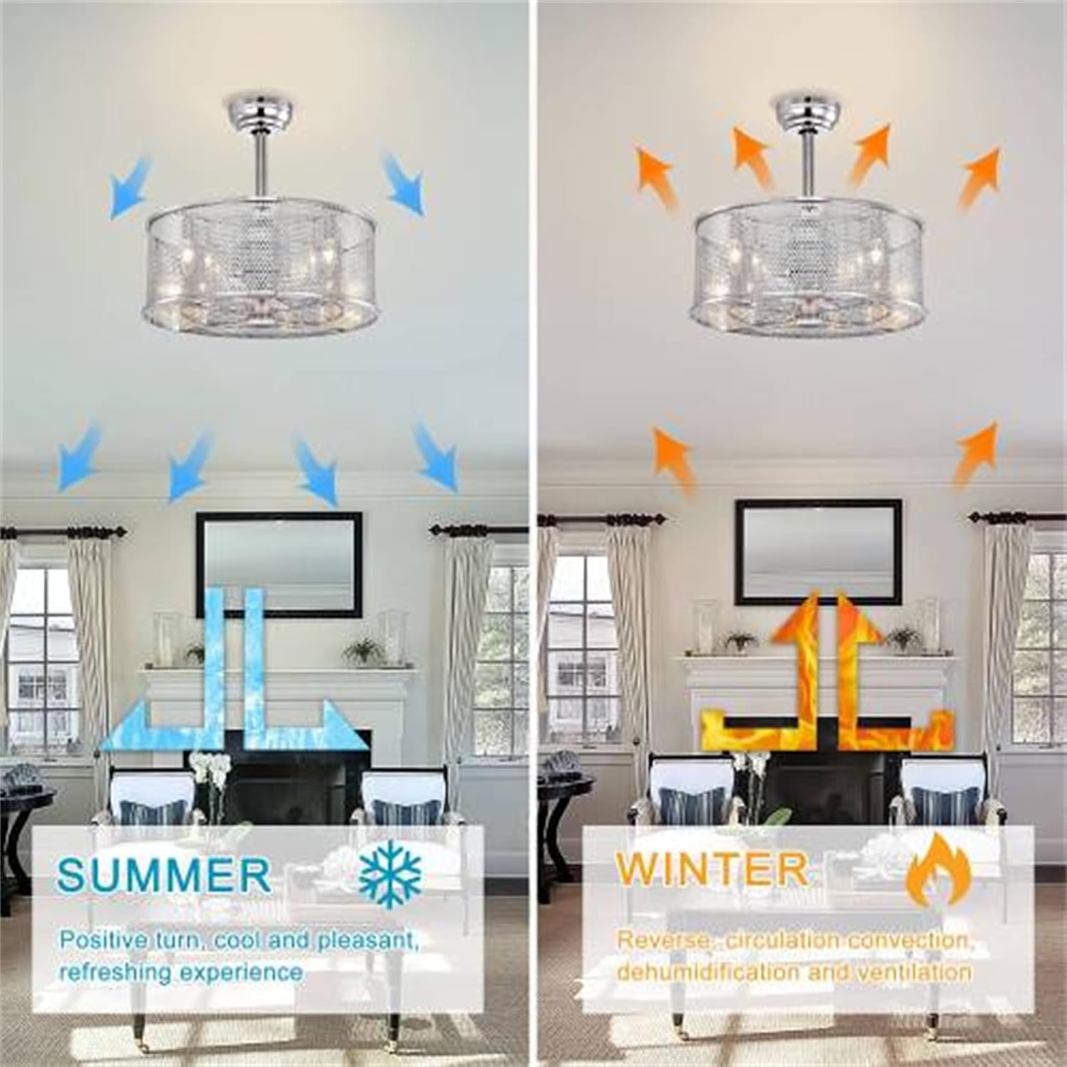 20.4 Inch 3 ABS Fan Blades Dual Shade, Modern Ceiling Fan, Ceiling Fan with Light, with Remote Control, Quiet Reversible AC Motor, for Bedroom/Living Room/Study Room/Terrace, Chrome Plated