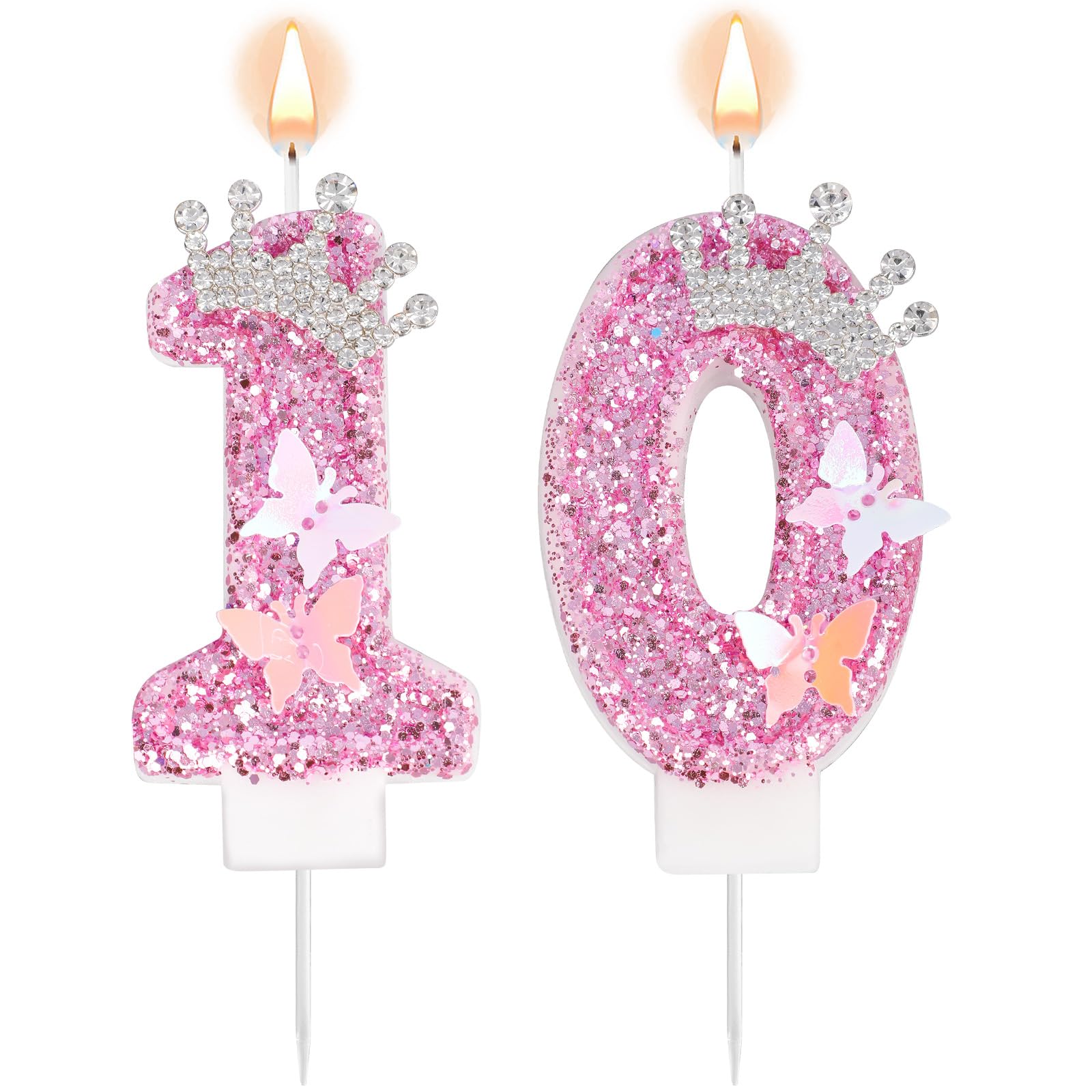 Birthday Number Candles, Pink Glittery Crown Fairy Butterfly Happy Birthday Sequin Numeral Candle Cake Topper Decorations for Wedding Party Anniversary Celebration Supplies (10th)