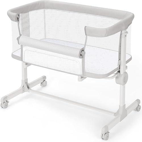 Ezebaby Baby Bassinets Bedside Sleeper - All Mesh Bedside Bassinet with Wheels, 7 Height Adjustable Baby Crib for Infants