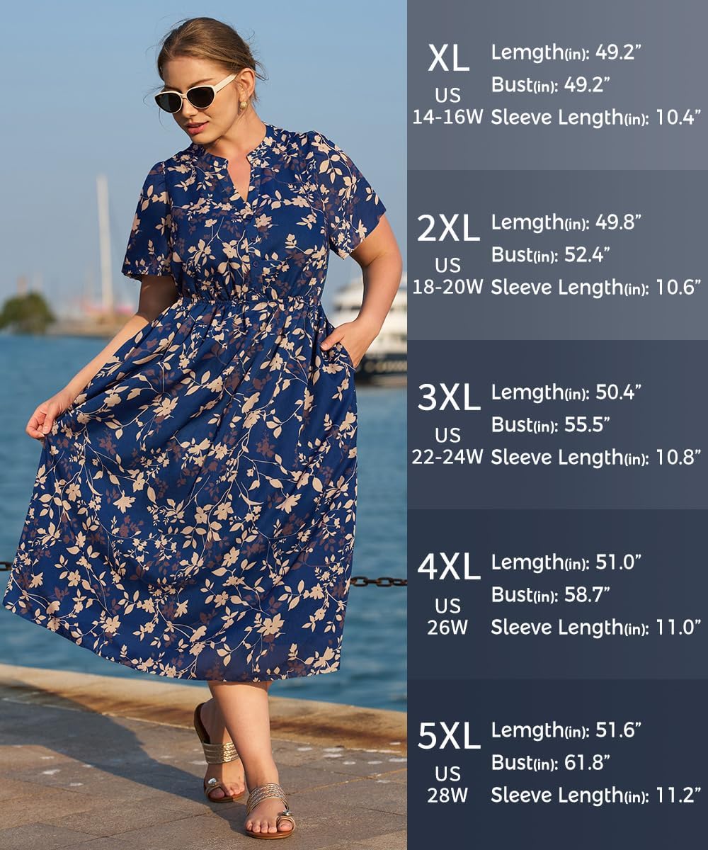 RITERA Plus Size Dresses for Curvy Women Floral V Neck Short Sleeve Party Midi Dress with Pockets XL-5XL - Image 5