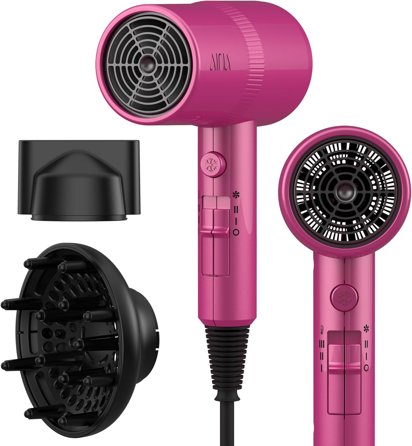 aina hair dryer with diffuser, blow dryer for women | advanced ionic technology, ceramic coating | cold shot features turbo heat for fast drying and shine 110v/alci (neon pink)