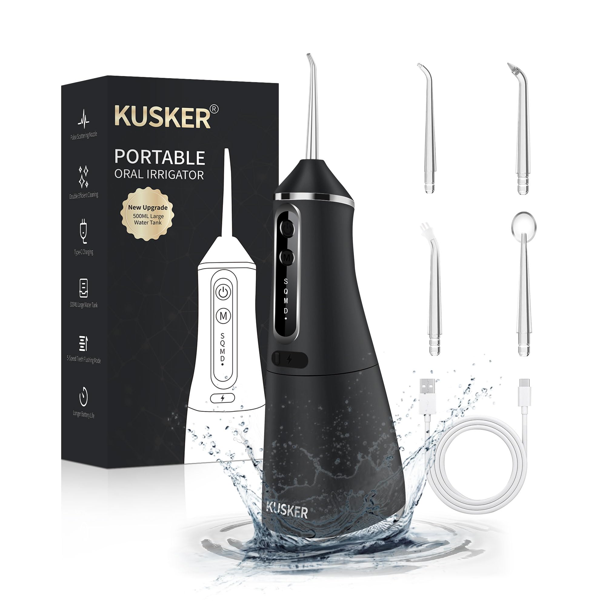 Irrigador dental de agua inalámbrico, 500 ml, irrigador oral portátil para dientes, 5 modos y 4 puntas de chorro, IPX7 impermeable, recargable para 30 días de uso, hogar, viajes, aparatos
