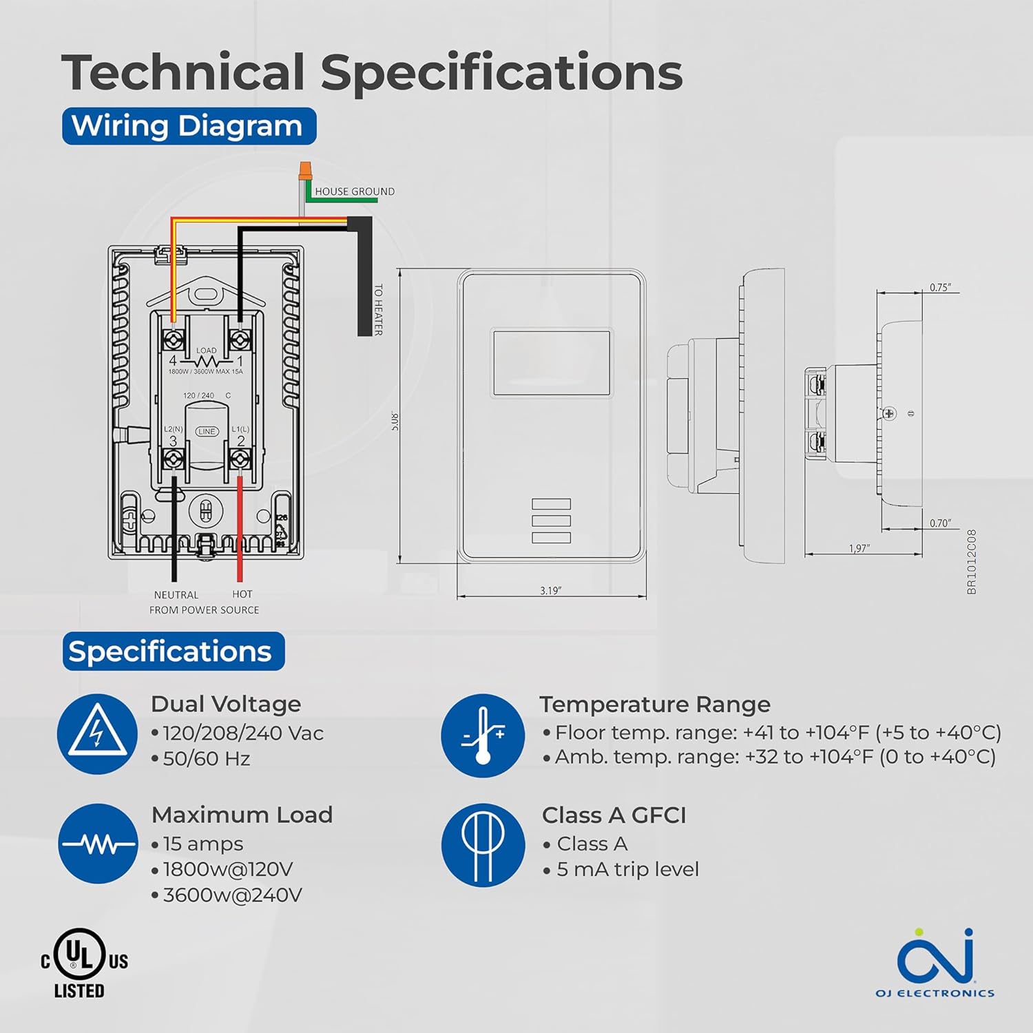 Technical Specifications and Wiring Diagram for OJ Microline Thermostat