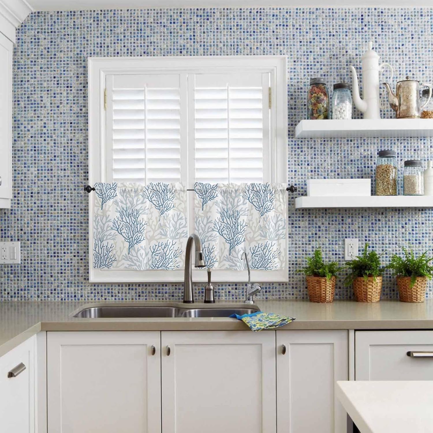 Blue Grey Coral Coastal Kitchen Curtains Set Short Half Curtains 36 Inches Length, Summer Beach Seaside Nautical Rod Pocket Window Treatment Bedroom Tiers and Valance Set for Cafe Bathroom