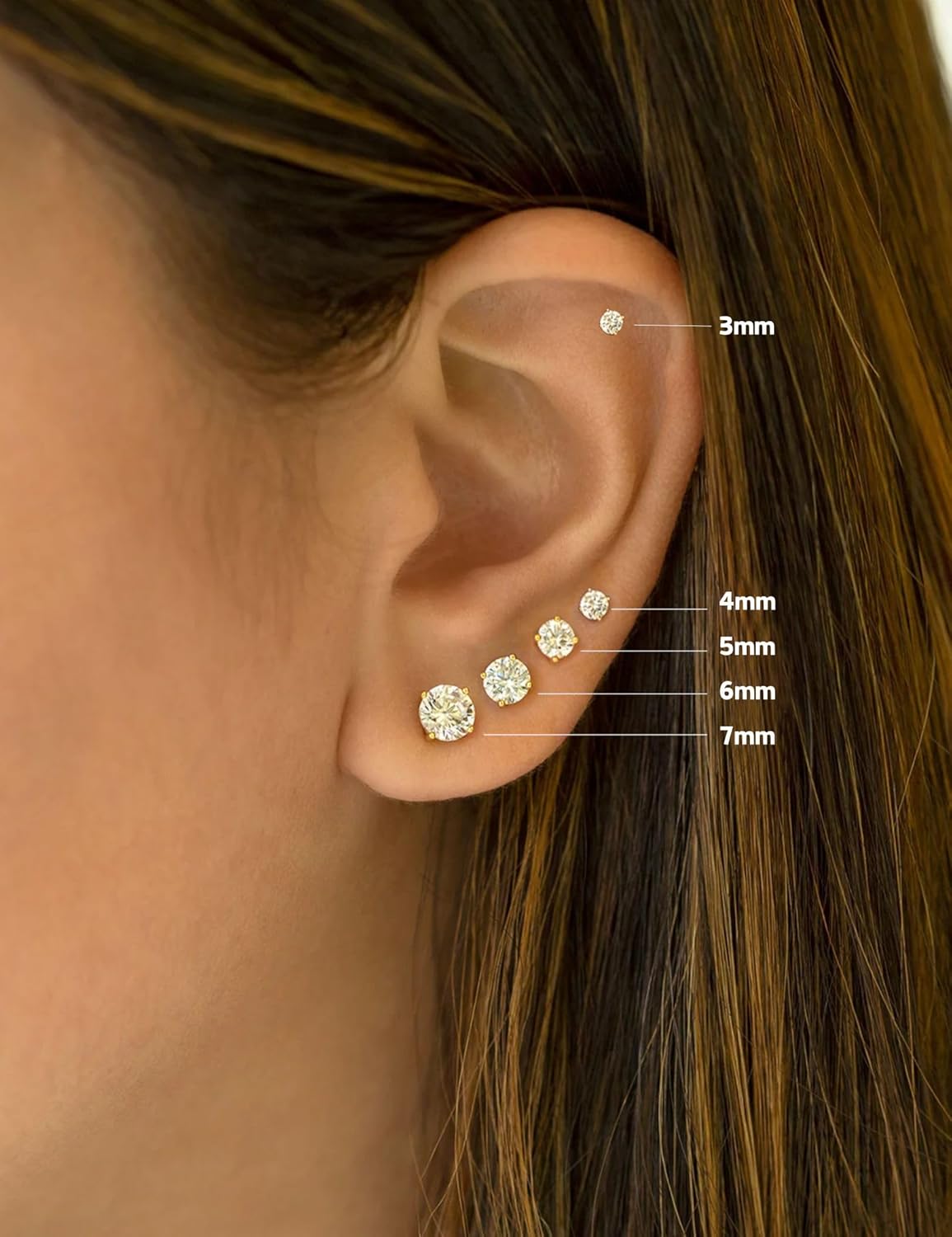 Kainier Women's 14K Gold Plated CZ Stud Earrings Simulated Diamond Round Cubic Zirconia Ear Stud Set(5 Pairs)… - Image 3