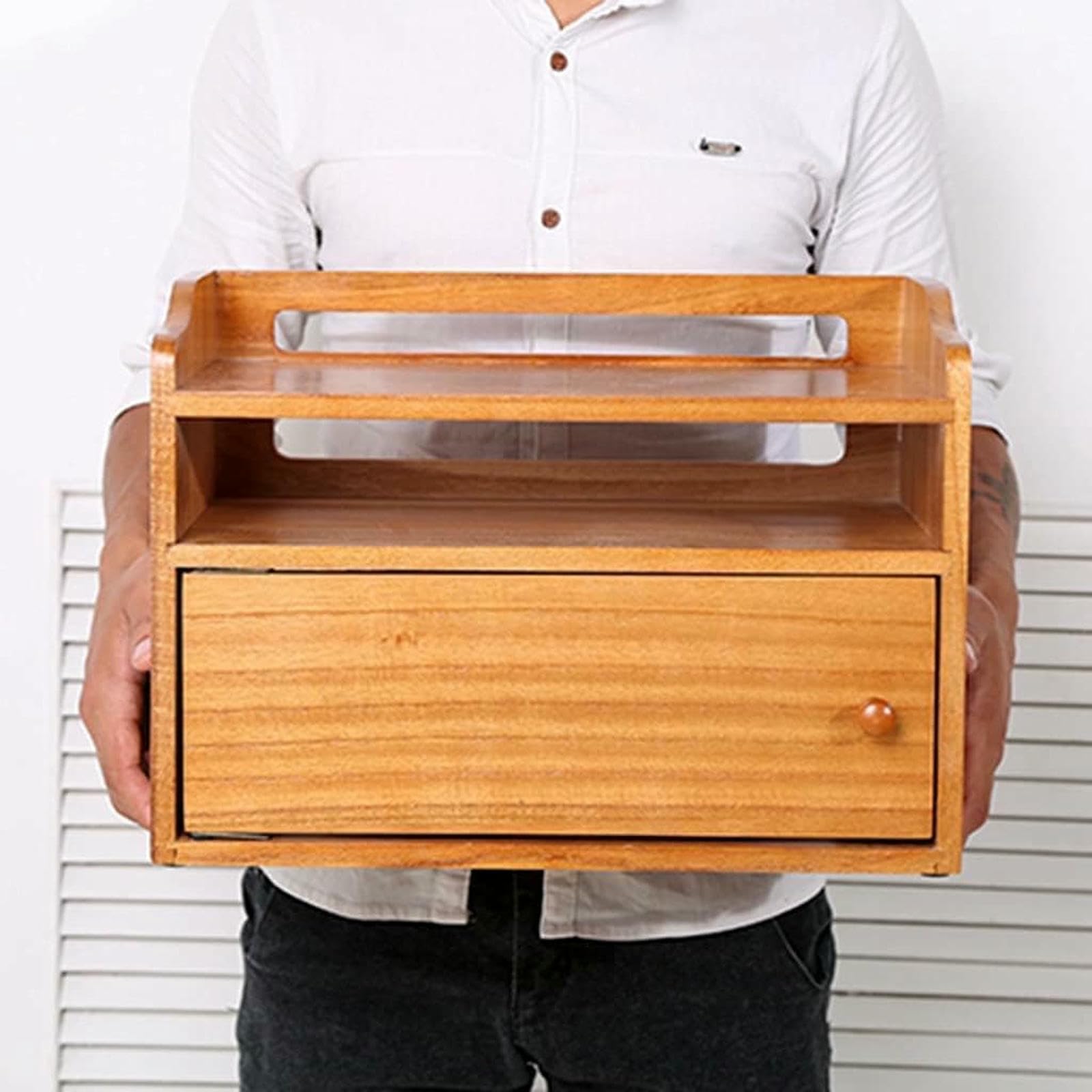 Bezprzewodowe Szelf Z Litego Drewna Z Zestawem Komputerowym Z Zestawem Organizer Z Zestawem Pudełka Wi -Fi Dla Górnego Koloru Drewna 39,7 * 21,4 * 28,4 Cm