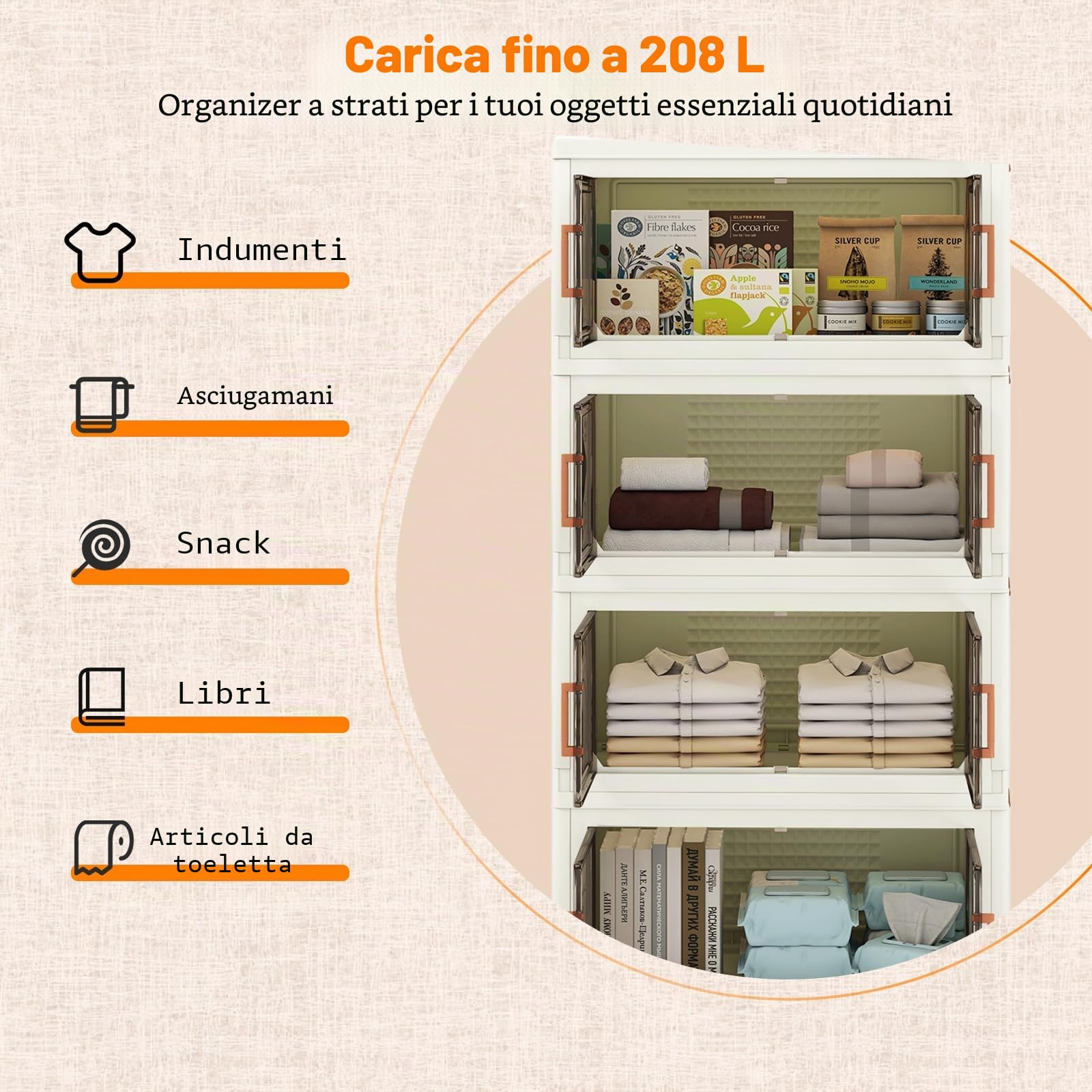 GIANTEX Contenitore di Archiviazione in Plastica, Organizzatore Impilabile con Coperchi e Porte, 4 Ruote, Scatole Organizzatore Pieghevoli per Soggiorno, Camera da Letto (62,5 x 34,5 x 130,5 cm)