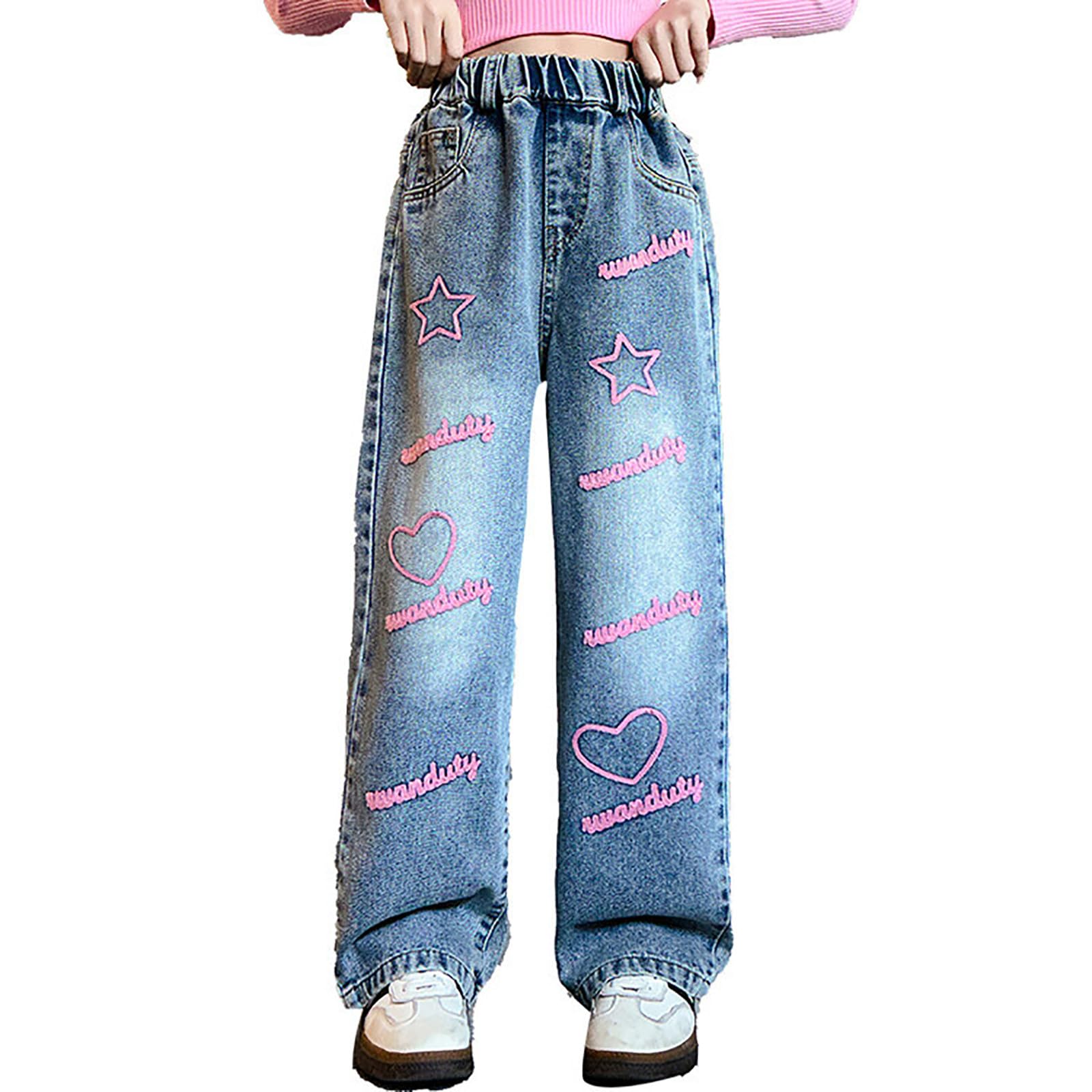 Pantalon de jogging baggy pour femme et fille - Pantalon en jean - Jambes larges - Pantalon en denim - Taille haute - Élastique - Décontracté - Avec poches - Pour enfants de 6 à 14 ans