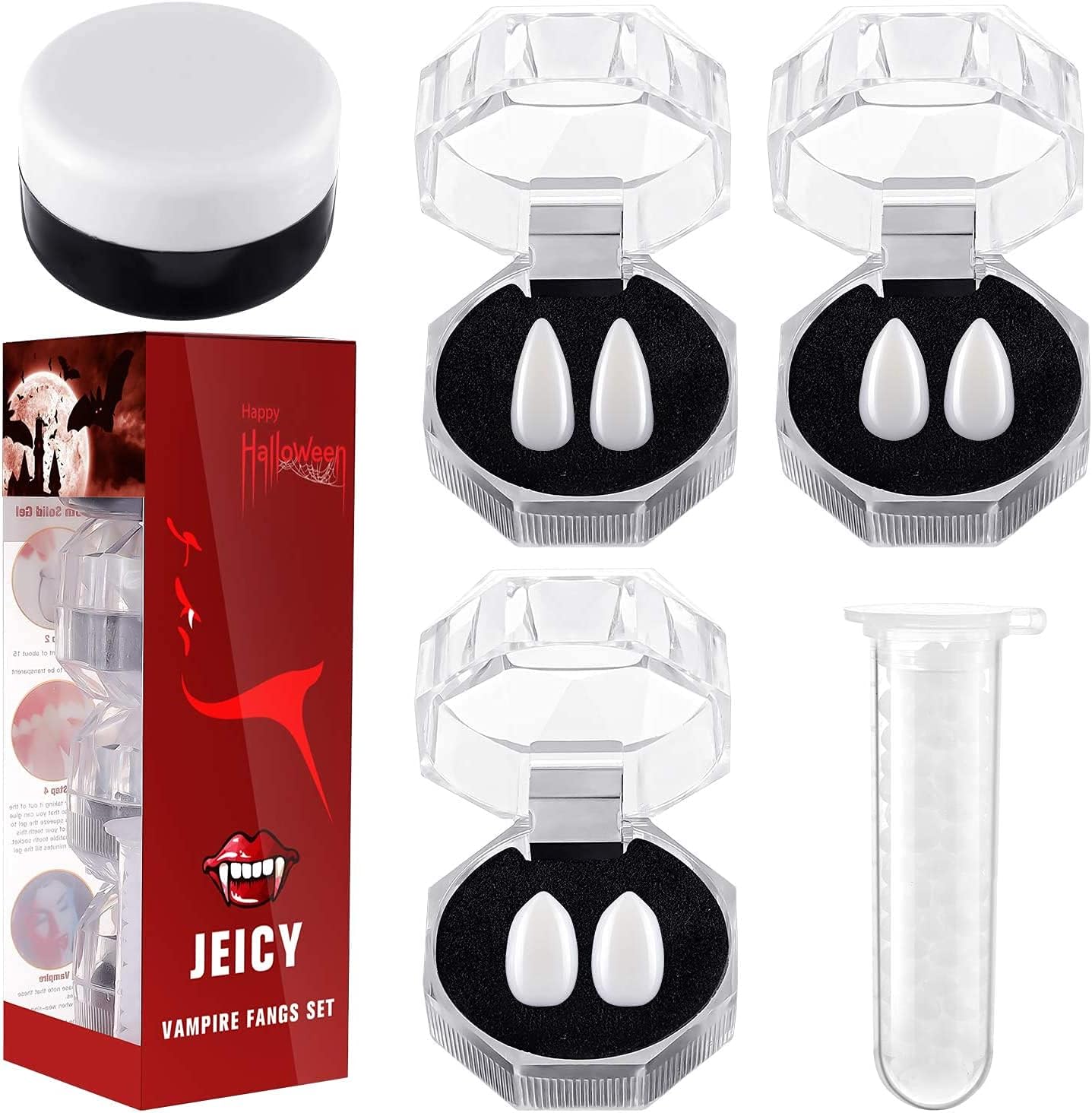 Jeicy Vampire Fangs Teeth Set for Halloween Cosplay Party Favors 3 Pairs (13mm,15mm,17mm)