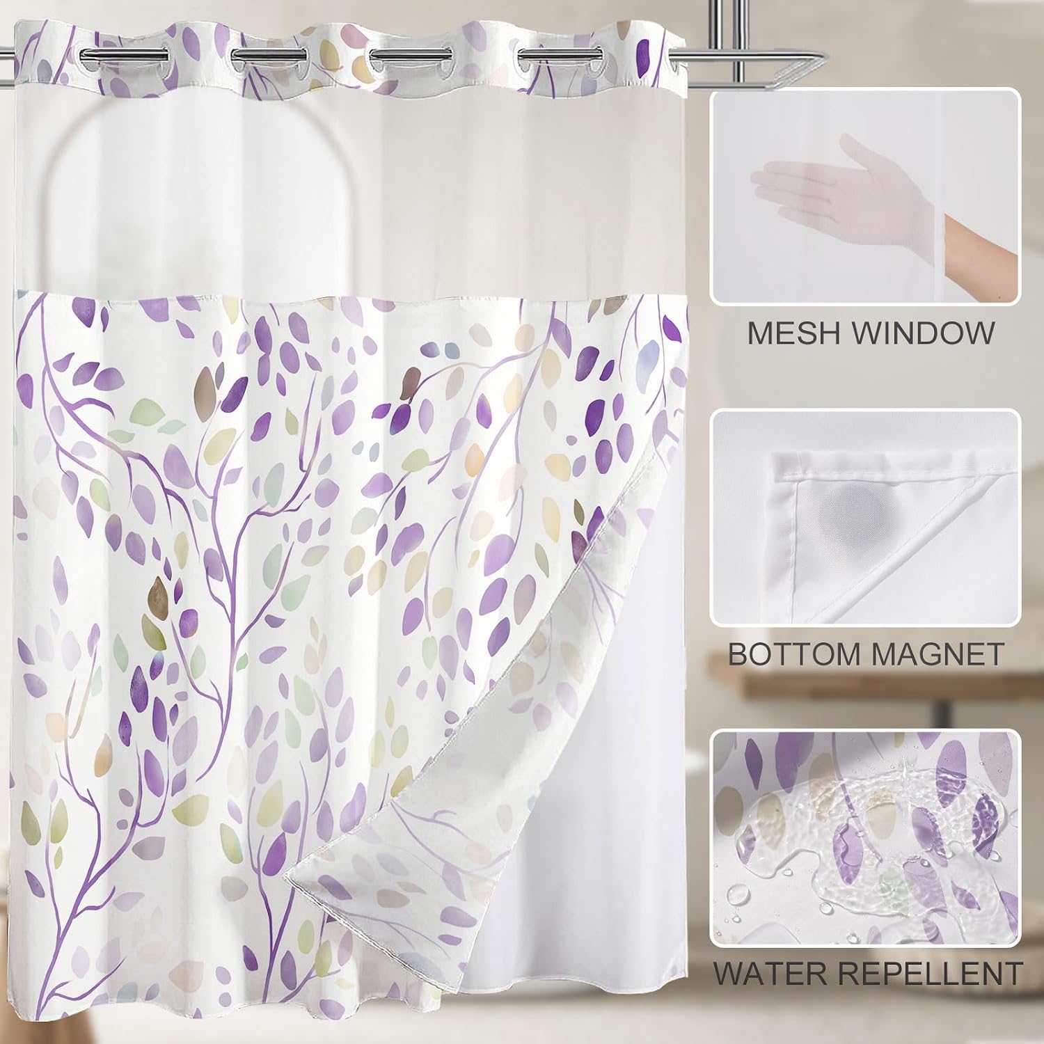 No Hook Shower Curtain with Liner, Purple Boho Leaf, 71x74 Inch image 4