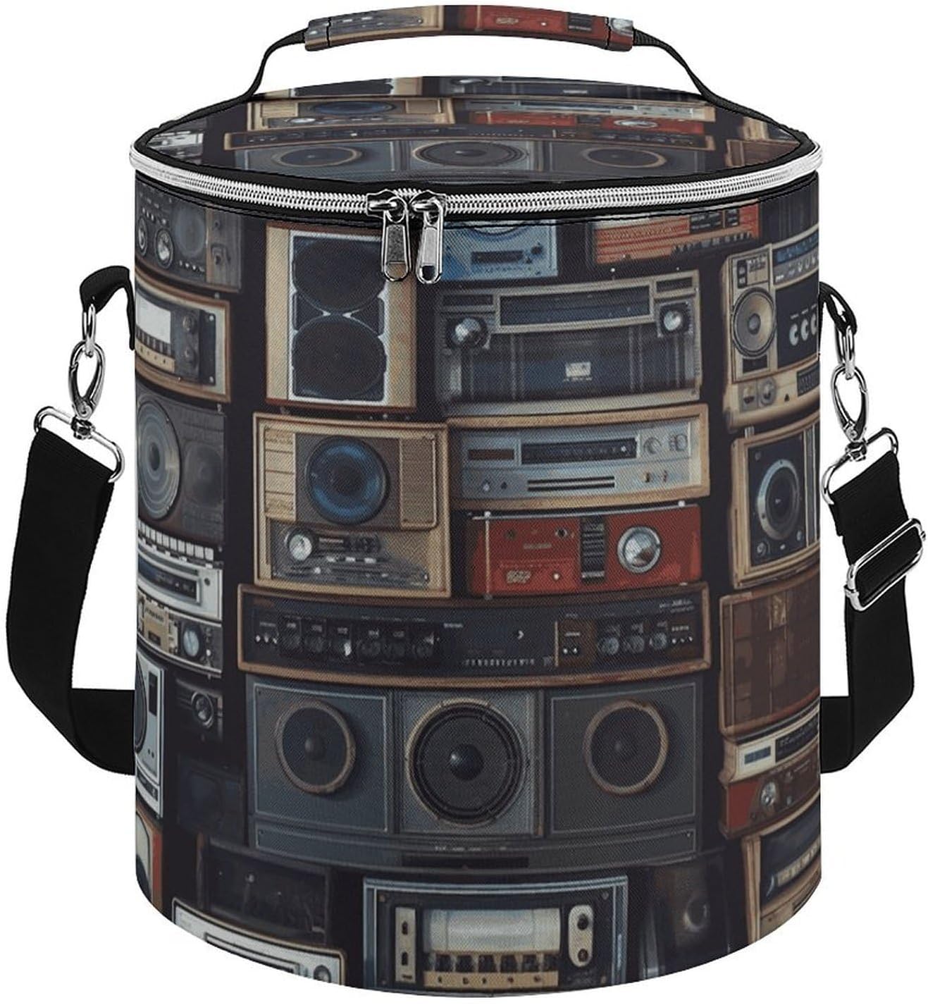 Vintage Wall of Radio Boombox Lunch Bag 15L, Insulated Picnic Basket with Leakproof Design - Large Cooler Tote for Camping, Beach, Hiking & Groceries