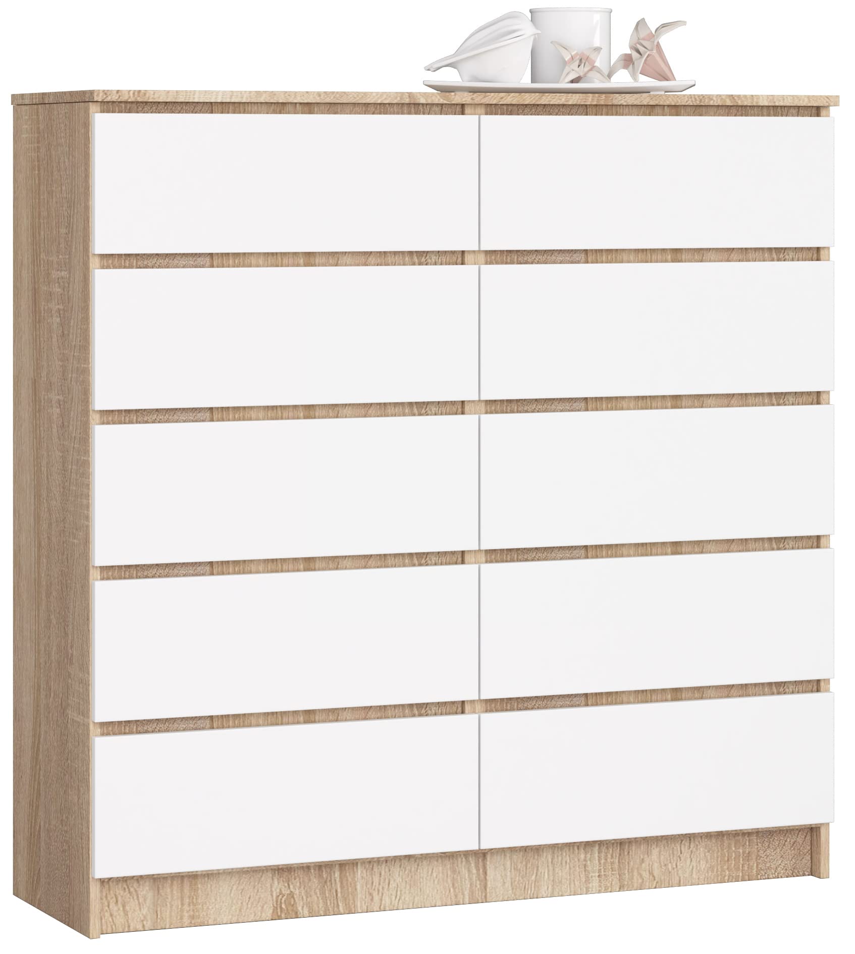 AKORD Commode K-​120 avec 10 Tiroirs | Commode Classique pour La Chambre, Salon | Meuble de Rangement | L120 x H121 x P40 cm, Poids 70 kg | Chêne Sonoma/​Blanc