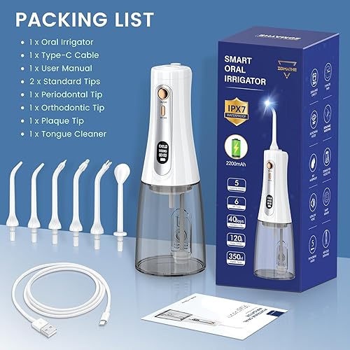 Miniatura 6 de Potente irrigador dental de agua de 11.8 fl oz para dientes, irrigador oral inalámbrico portátil con 5 modos, 6 puntas de chorro, irrigador dental