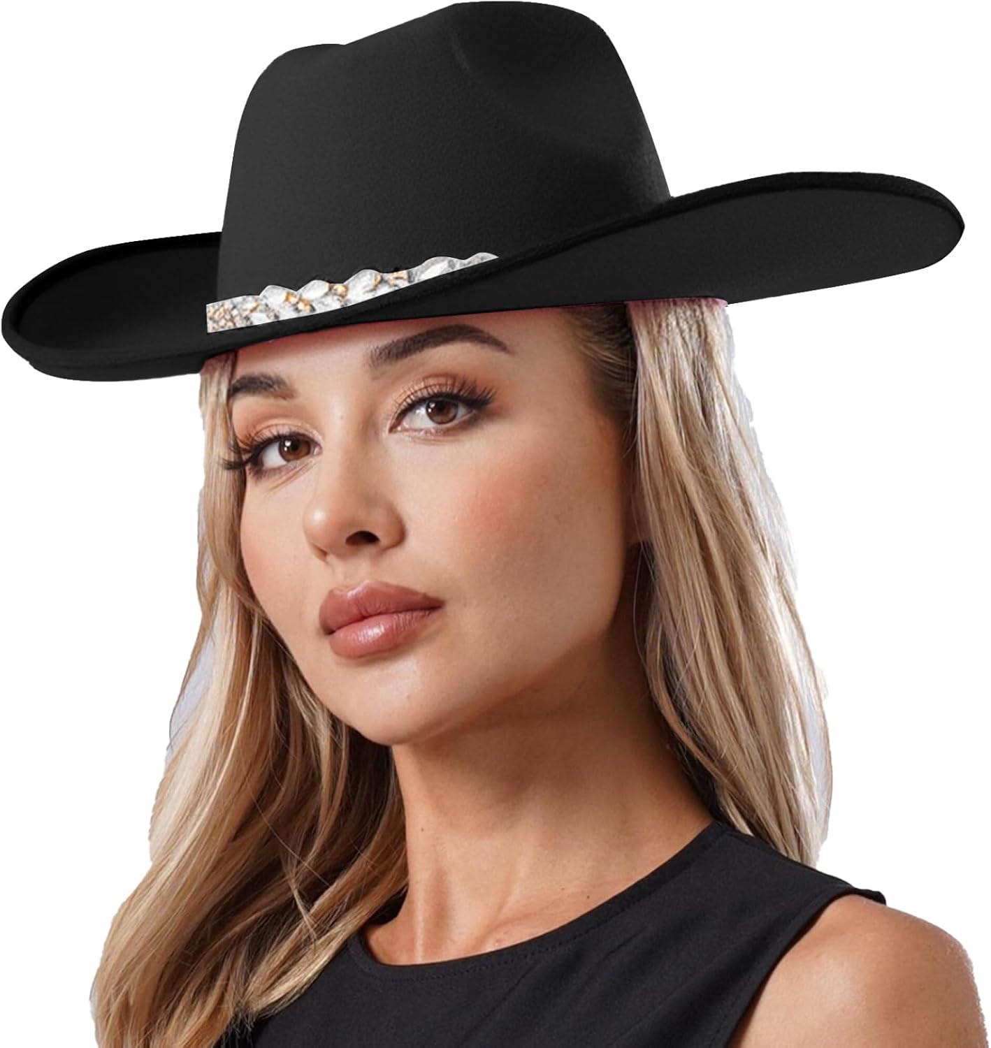 Western Cowboy Hat for Women, Sparkly Rhinestone Belt Embellished Flanging Top Hat for Halloween