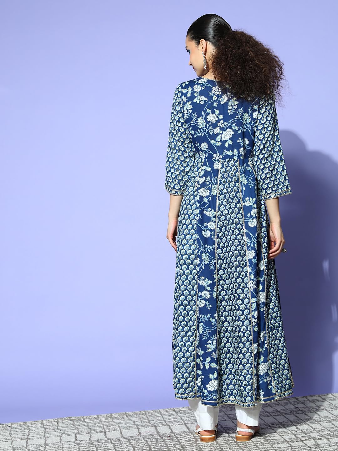 Ishin Women's Cotton Blue Embellished Anarkali Kurta