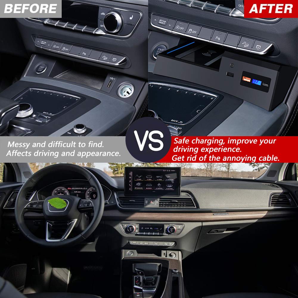 2021 Nuevo Cargador Inalámbrico Coche para Audi Q5 SQ5 2021 Consola Central Panel, 15W Carga Rápida Auto Teléfono Cargador con QC3.0 USB y 18W PD para iPhone 12/11/XS/X/8, Samsung S20/S10/S9
