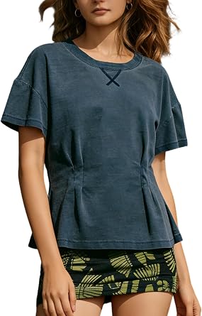 Womens Short Sleeve Peplum Tops, Casual Scoop Neck Ruched T Shirt Fashion Elegant Babydoll Blouse