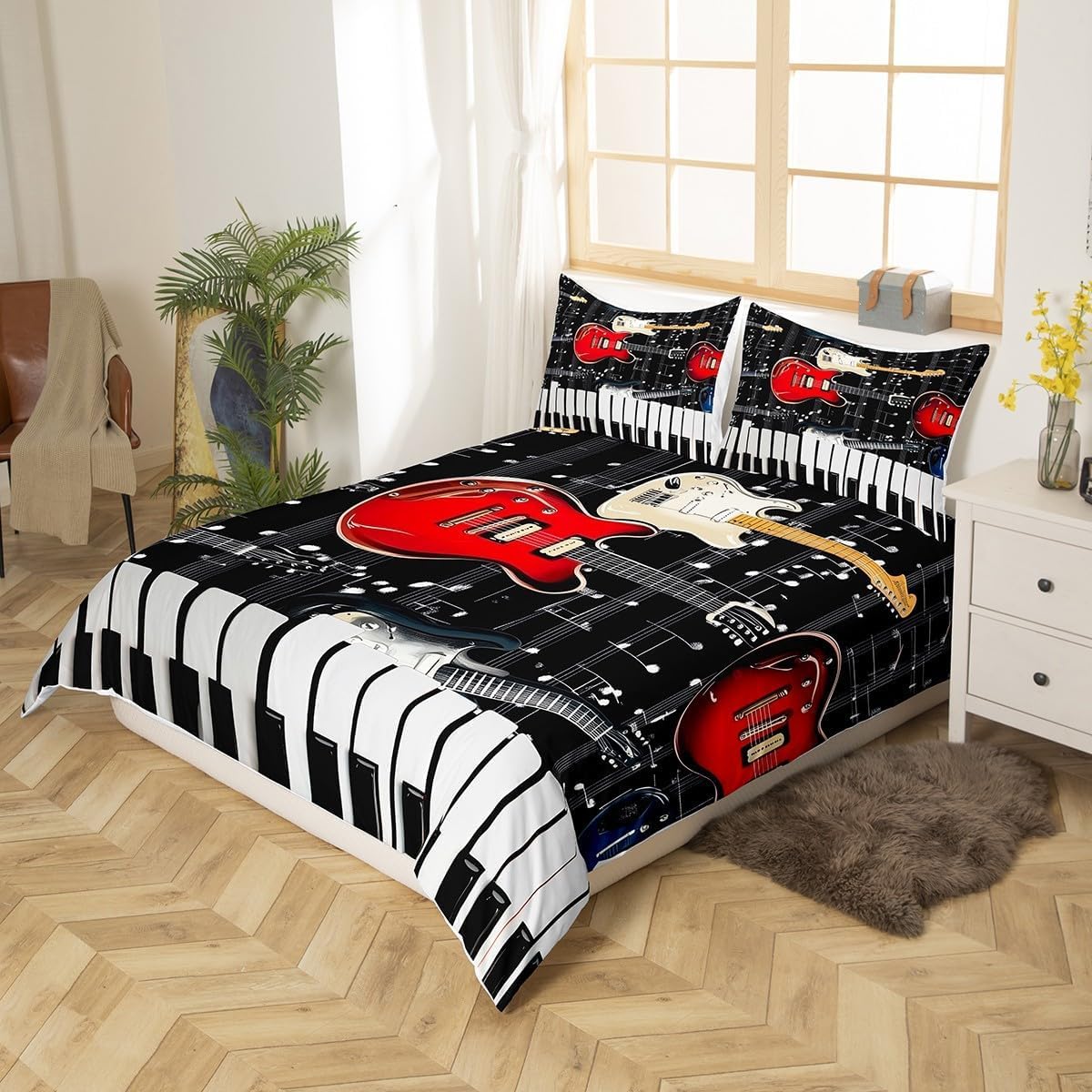 K-915 Pościel z motywem muzycznej rocka, 200 x 200 cm, przyciski fortepianowe, nadruk 3D, zestaw pościeli z zamkiem błyskawicznym i 2 poszewkami na poduszkę 80 x 80 cm, miękka pościel z mikrofibry, na
