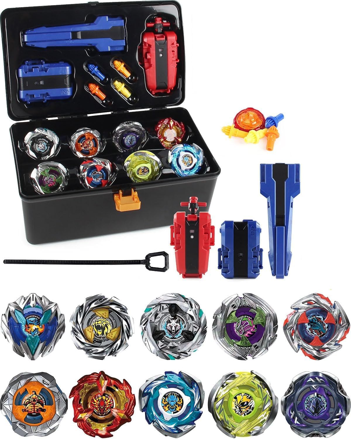 X Bey Drop Attack Battle Set, UX Tops Burst Blade Toy Combat Battling Game Set, 10 Spinning Tops, 3 Launchers and 1 Grip with Storage Box, Kids Toys Birthday Gift Ideal for 6+ Years Old Boys