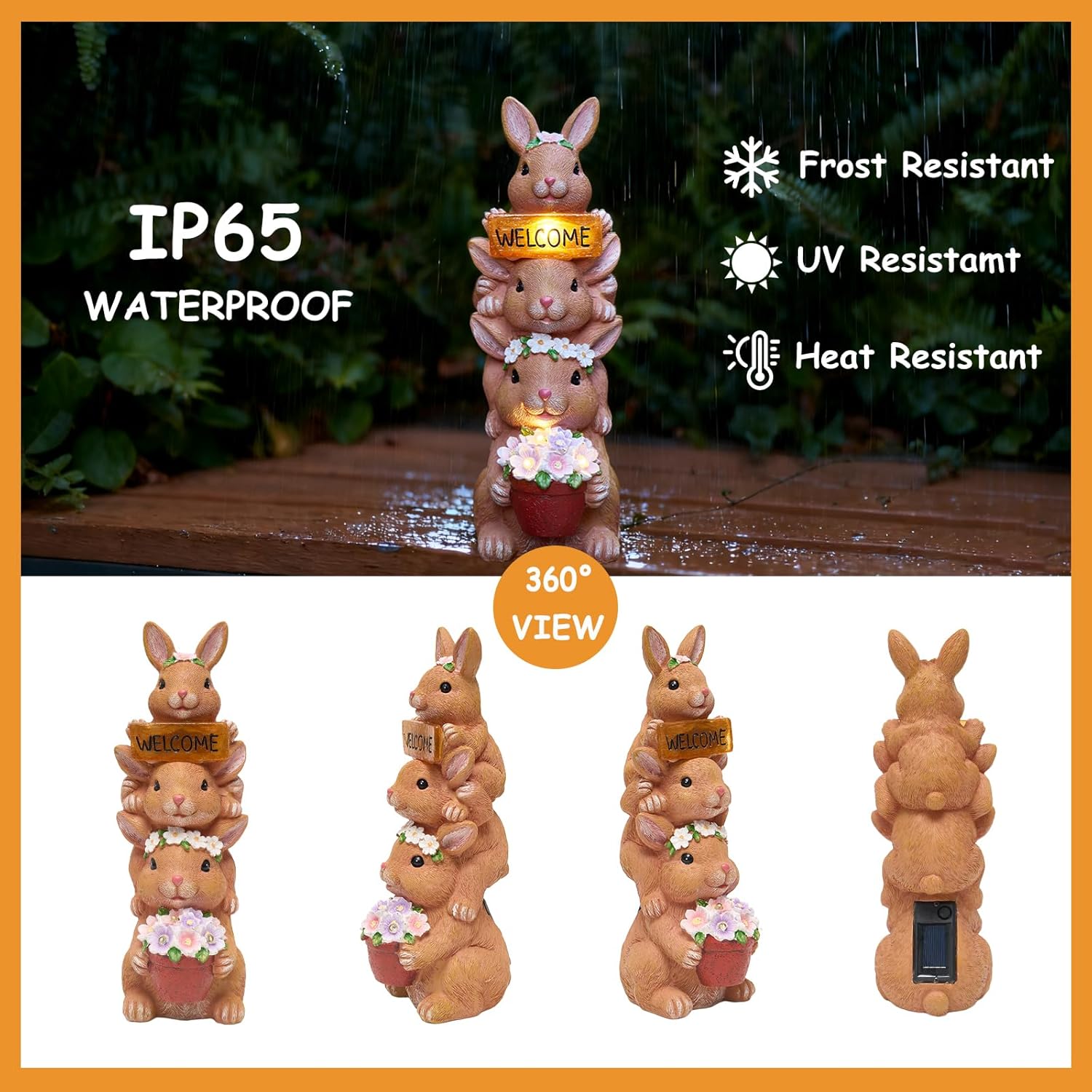 Solar Bunny Statues Outdoor Decor, Garden Sculptures with Welcome Sign Funny Rabbit Figurines for Yard Art Lawn Ornaments Porch Patio Balcony - Birthday Gifts for Women Mom Grandma