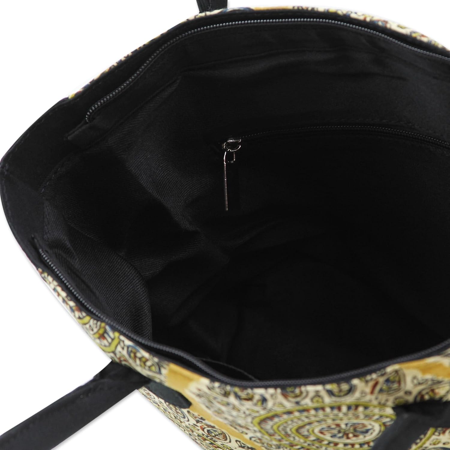NOVICA Artisan Handmade Cotton Tote Bag Floral Mandalas Block Print from India Handbags Black Yellow Oak Buff Buttercup Spicy Mustard Primrose Patterned ' Blossoming Mandalas'