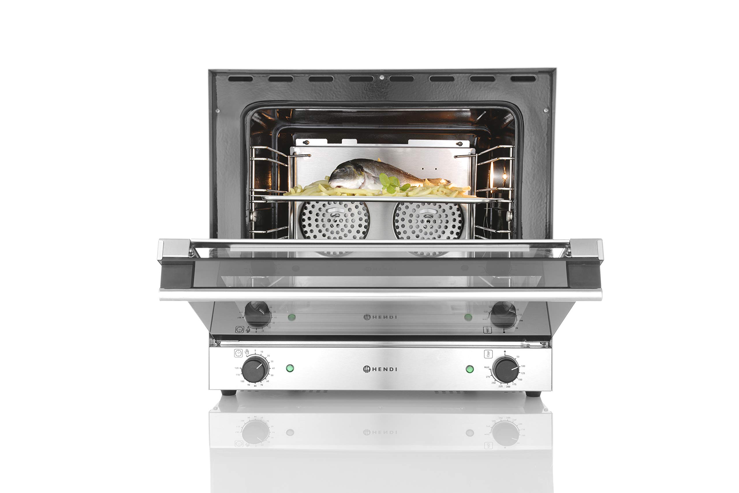 HENDI Forno a Convezione Professionale H90, 2670W, incl. 4 Teglie in Alluminio, 2 Ventole, 50-300°C, Timer 0-120min, Interno Smaltato, Porta a Doppio Vetro, 230V, 595x595x(H)570mm, Acciaio Inox