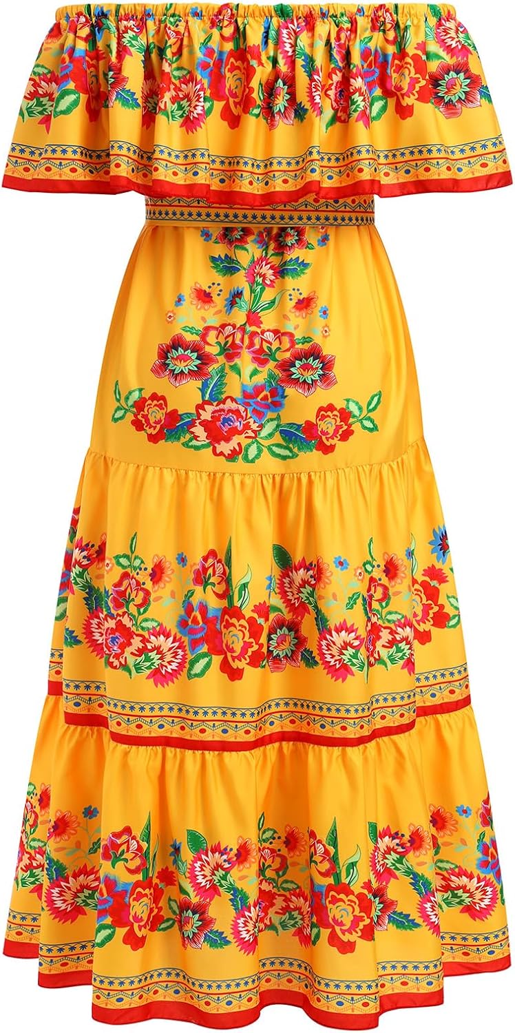 Women Mexican Dress Off Shoulder Floral Long Maxi Dress Summer Beach Party Cinco de Mayo Dresses with Belt - Image 4