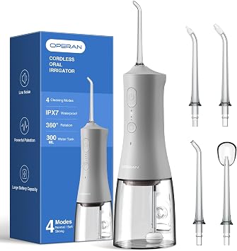 Operan Water Flossers for Teeth Cleaning Upgraded 300ml Cordless Water Dental Flossers Portable Rechargeable Oral Irrigator with 4 Modes 4 Jet Tips IPX7 Waterproof Water Floss for Home Travel Gray