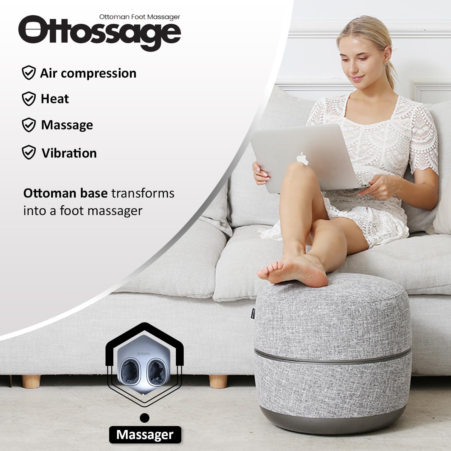 Ottoman Foot Massager by Ottossage, Massaging Ottoman with Removable Lid provides Air Compression, Shiatsu kneading, intense vibration and heat therapy. Extra Powerful with upgraded li-ion battery.