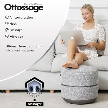 Ottoman Foot Massager by Ottossage, Massaging Ottoman with Removable Lid provides Air Compression, Shiatsu kneading, intense vibration and heat therapy. Extra Powerful with upgraded li-ion battery.