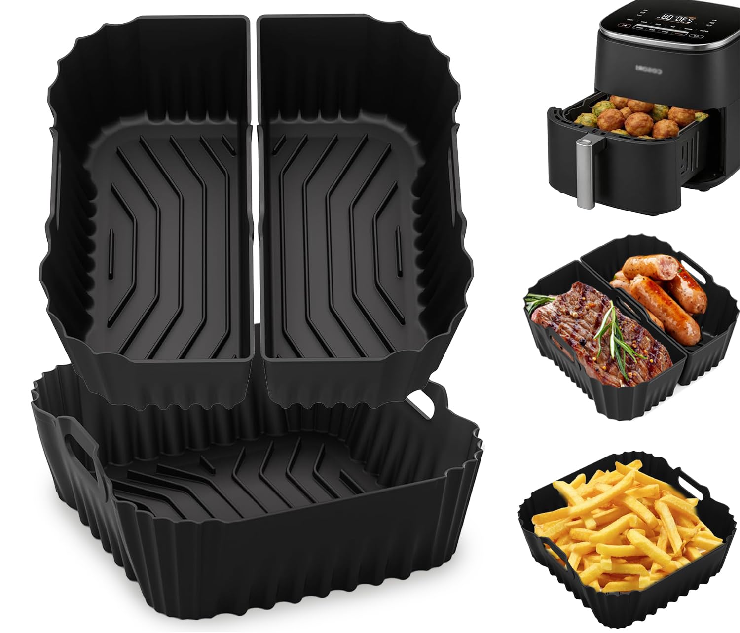 Silicone Air Fryer Liner for 5-6.5L,3 Pcs Air Fryer Liners for Ninja AF180UK,Philips NA230,COSORI Turboblaze 6L/5,5L/6,2L,Reusable Silicone Airfryer Liners Trays 2 in 1 Design for 5-6.5L Air Fryer