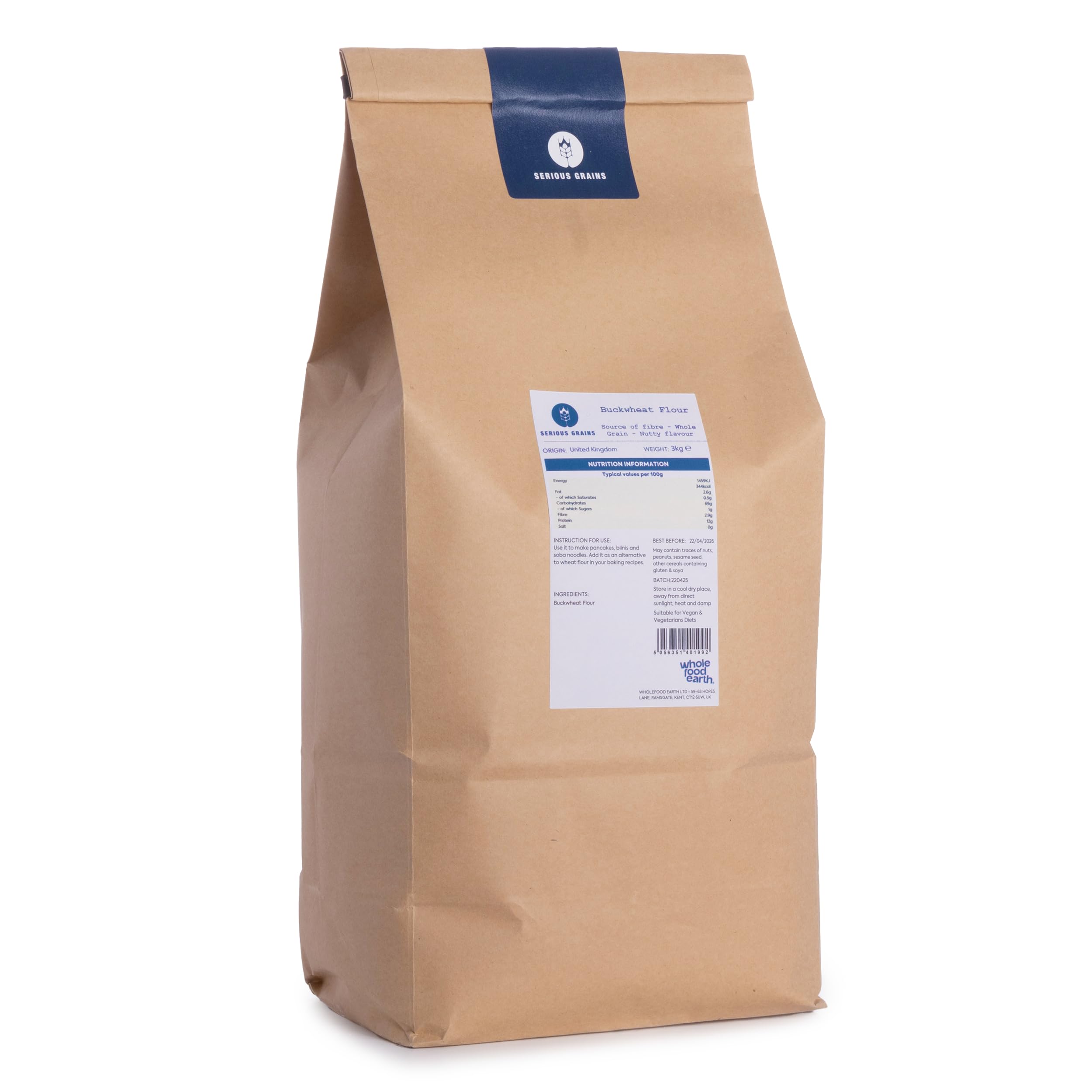 Wholefood Earth Buckwheat Flour 3 kg | GMO Free | High Fibre | Source of Protein