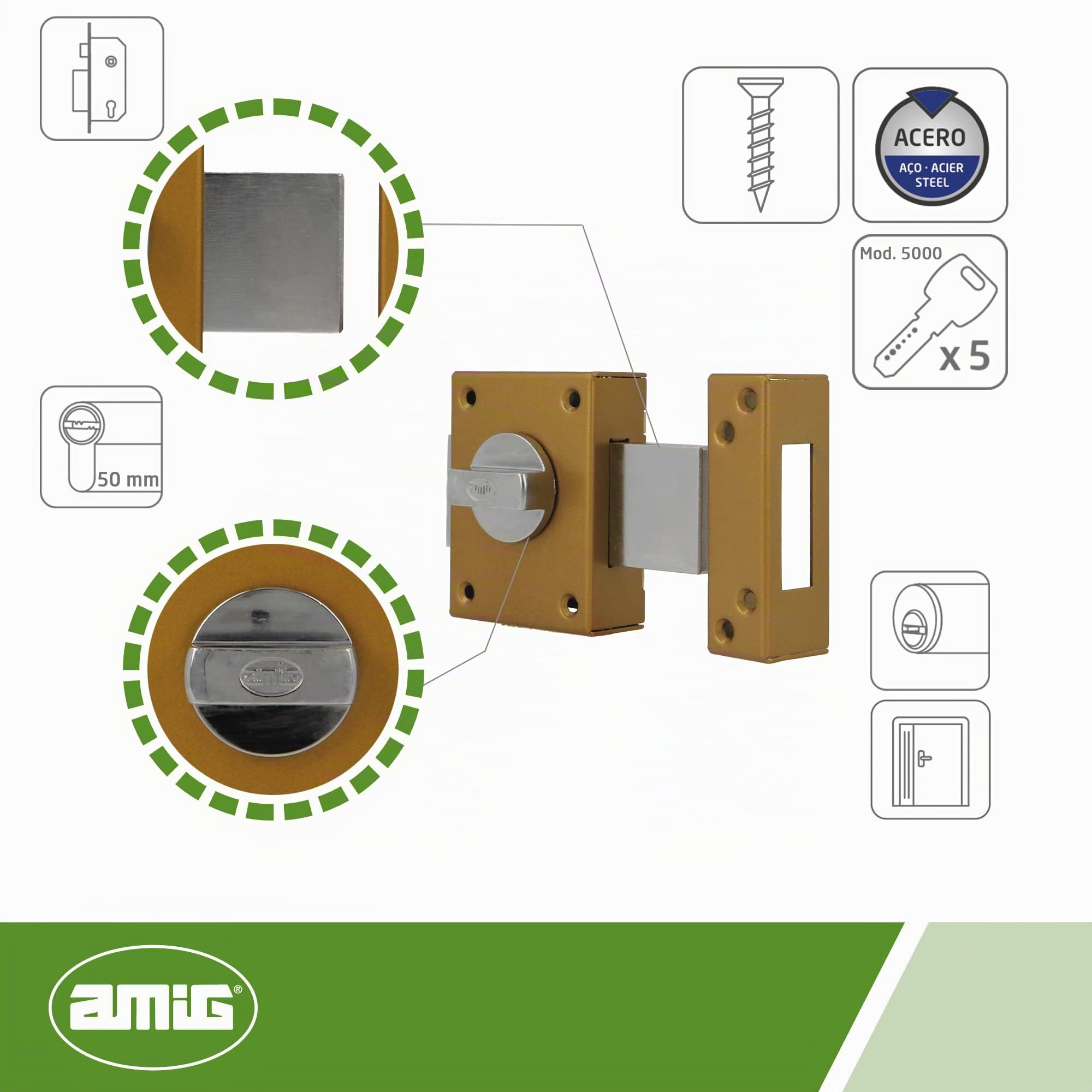 Amig - Serratura da Sovrapposizione con Leva di Chiusura e Stampellino Interno per Porte in Legno Mod. 85 | 85 x 65 mm | Chiavistello con Cilindro Rotondo di Sicurezza | Acciaio Smaltato Oro