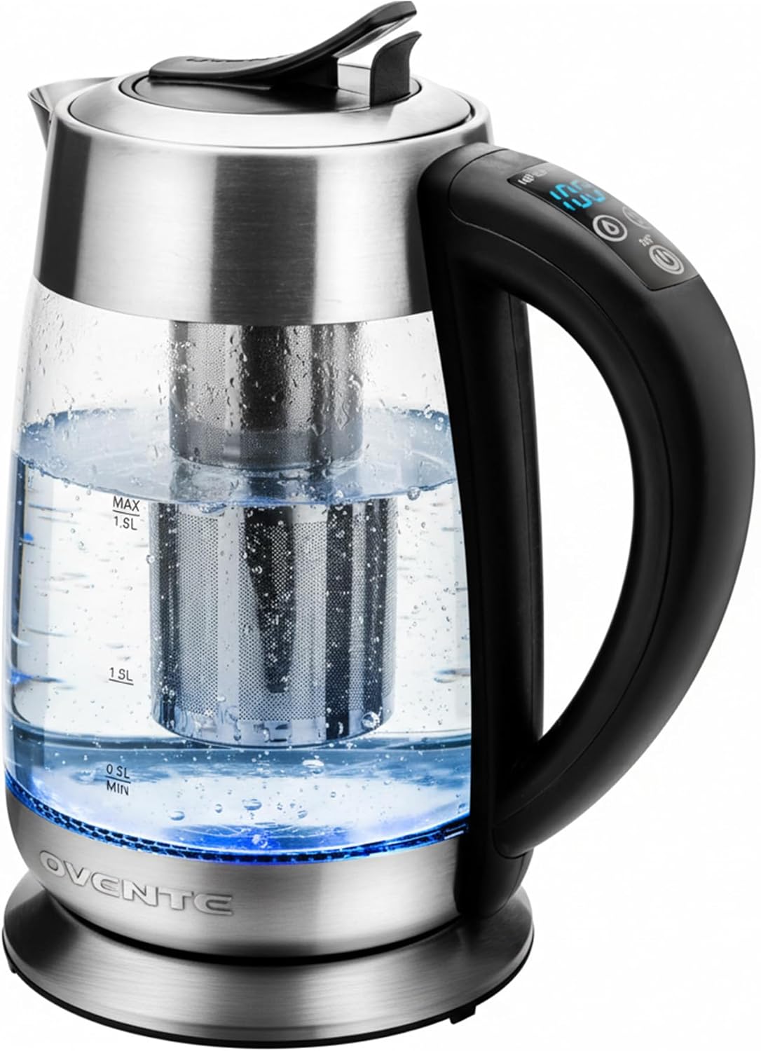 OVENTE Electric Tea Kettle with Temperature Control and Removable Tea Infuser, 1500W Water Boiler and Heater with 1.8L Borosilicate Glass, BPA Free, Auto Shut Off & Boil Dry Protection, Silver KG6610S