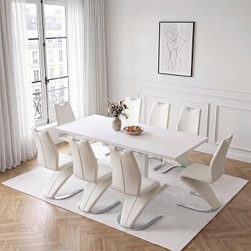 JIEXI Expandable Dining Table Set of 8, High Gloss White Kitchen Table with 8 Grey Cantilever Chairs, Modern Pedestal Table for Living Room JD9028-Beige, 140-180cm Table + 8 Chairs