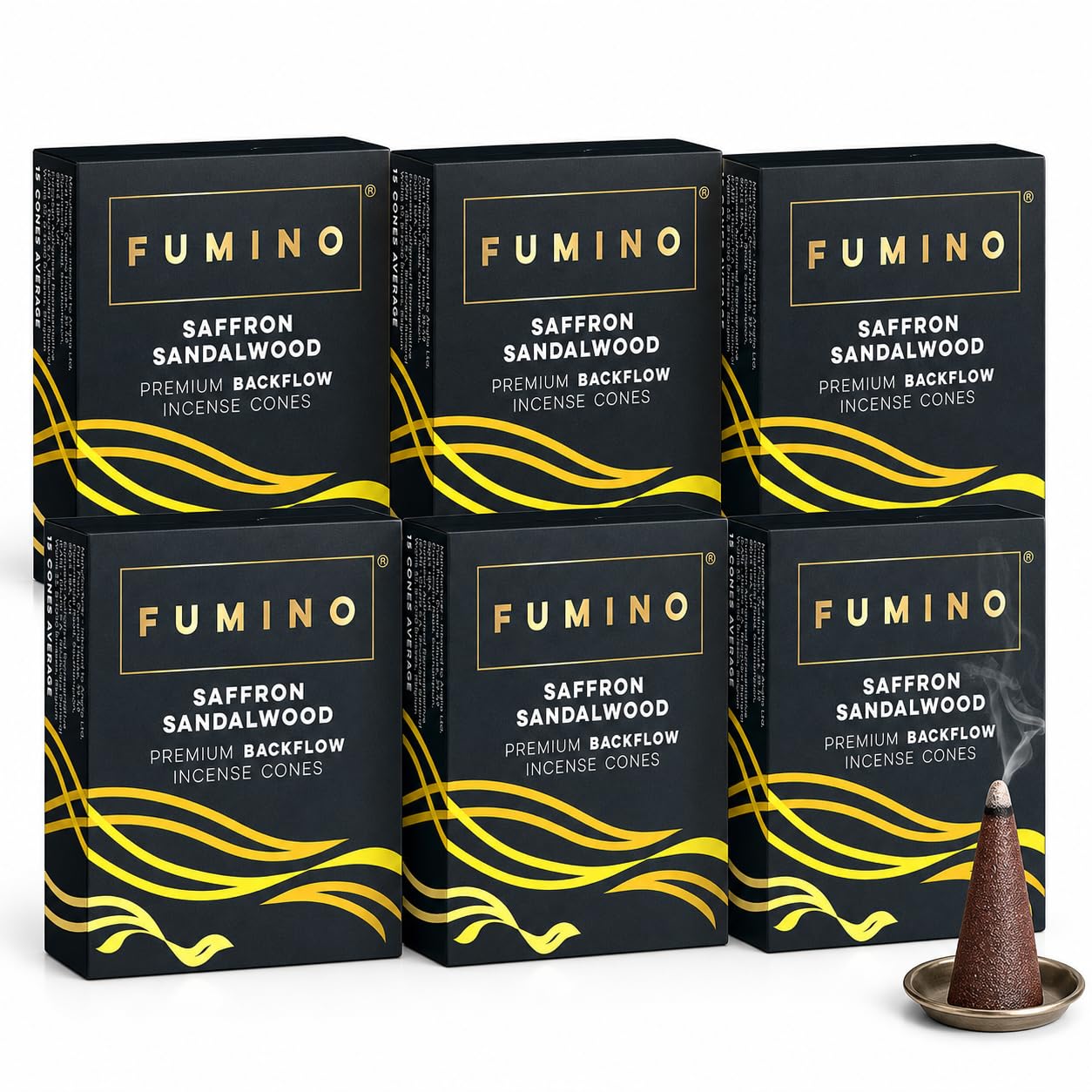 Fumino Saffron Sandalwood Backflow Incense Cones 90 Pack 6 Boxes - Natural Masala Cones for Waterfall Cascade Smoke & Meditation, Warm Spiced Woody Scent, Hollow-Core for Backflow Burners