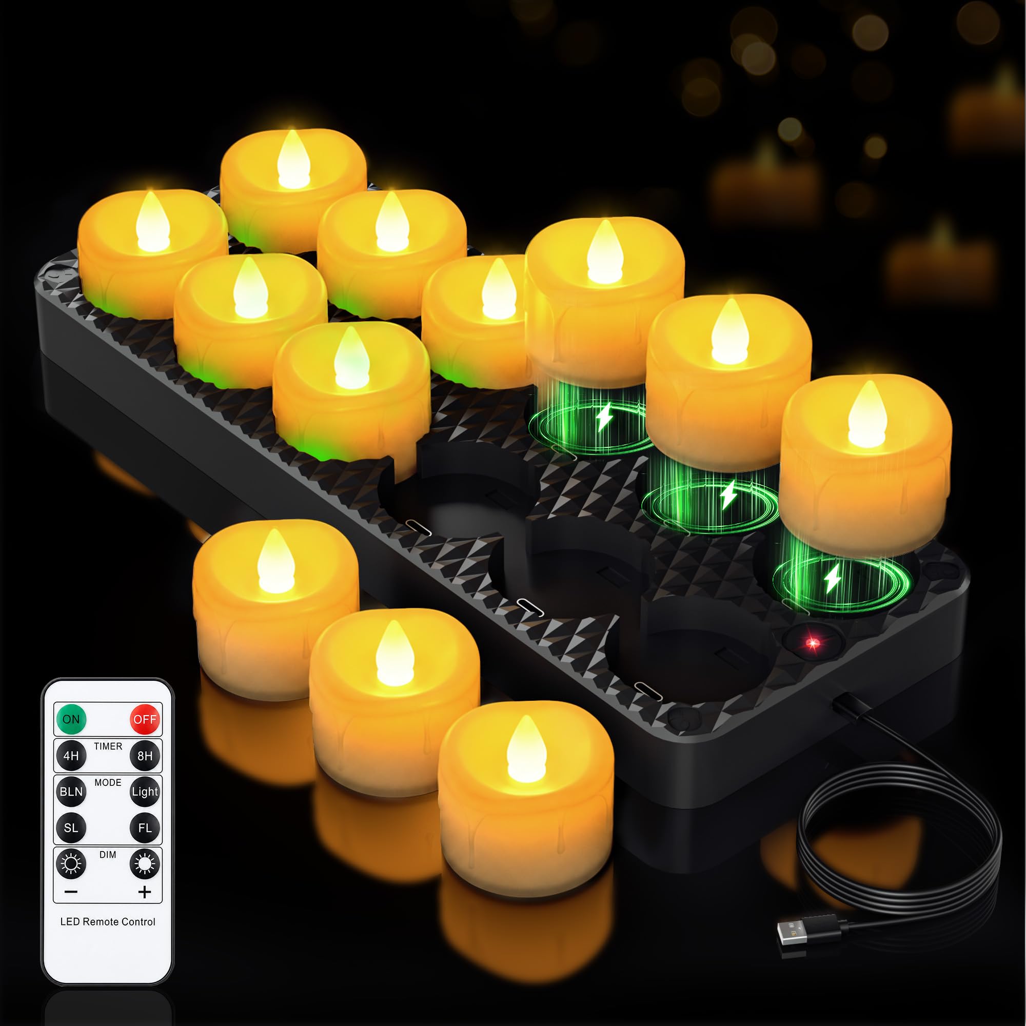 12 Packs Rechargeable LED Candles Tea Lights with Charging Base Warm White