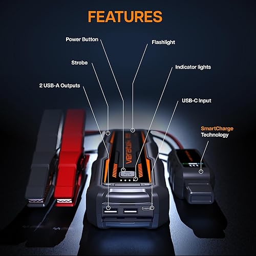 Miniatura 8 de V6 PRO - Arrancador portátil de 1000 A, 12 V, batería de coche de 1000 A, banco de energía de 10000 mAh, linterna LED para automóviles, SUV,