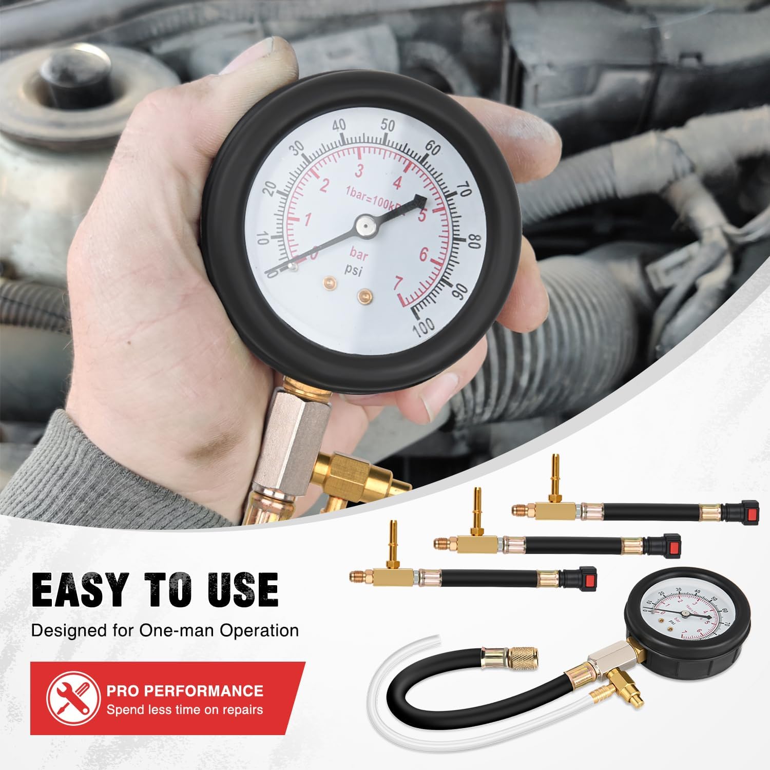 Nilight Fuel Pressure Gauge Tester Kit with Quick Connected Hose, 0-100 PSI Fuel Pressure Tester Tool with 6.30 7.89 9.49 Fuel Line Fittings, 4PCS