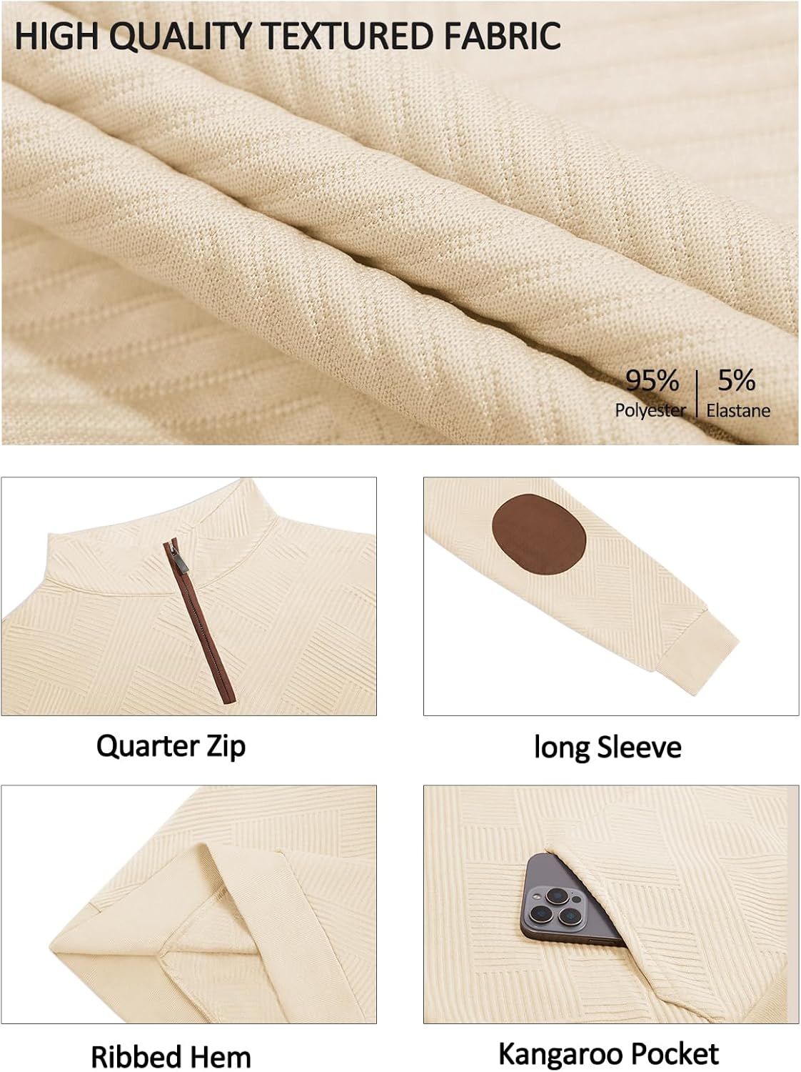 Yousify Mens Quarter Zip Sweatshirts Long Sleeve Stand Collar Casual Pullover Texture Fall Sweatshirt With Pocket - Image 5